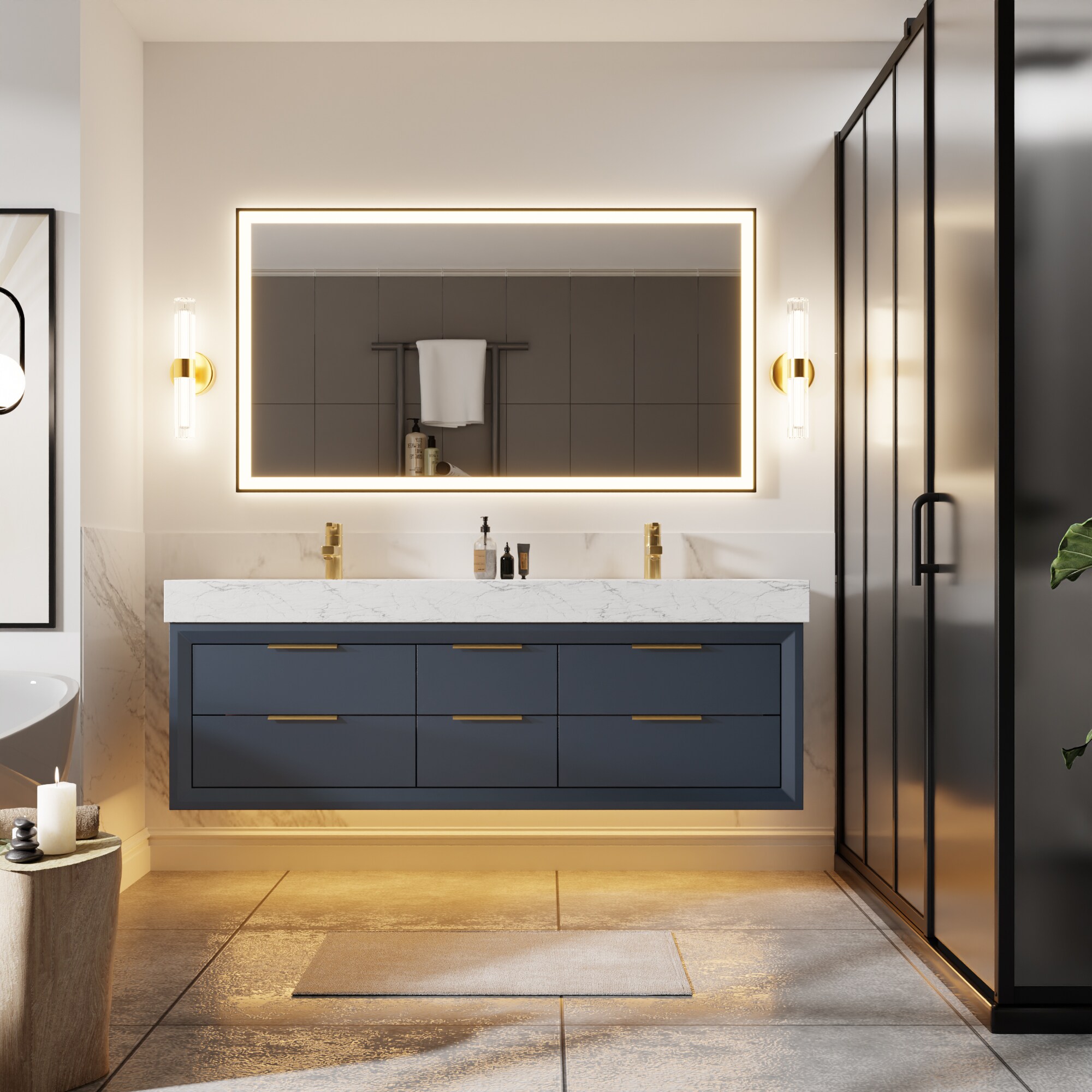 ベティYS Iseryn 60 Blue Undermount Double Sink Floating Bathroom