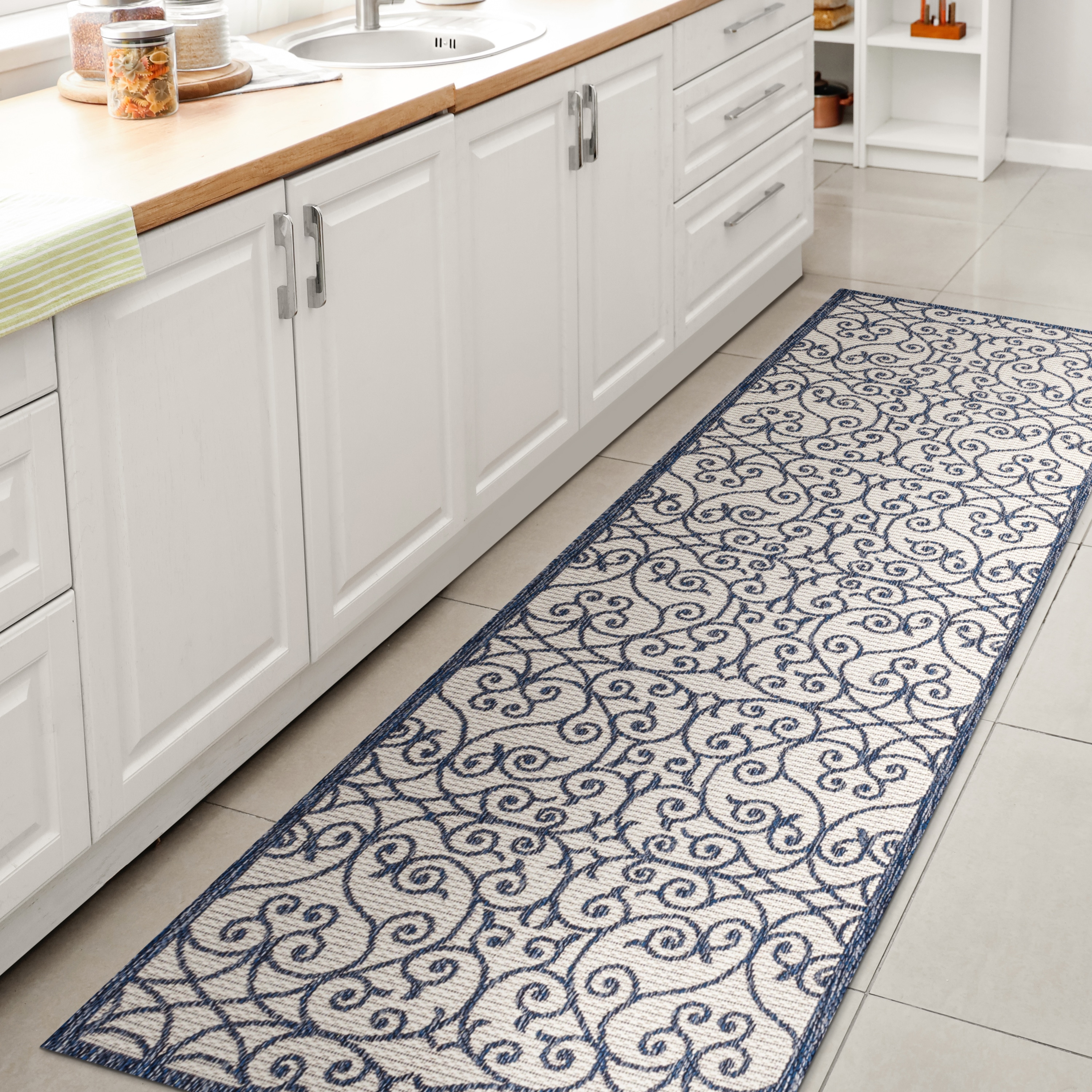 JONATHAN  Y SMB107F-210 Santa Monica Madrid Filigree Textured Weave 2 x 10 (ft) Loomed Polypropylene Blue/Cream Rectangular Indoor/Outdoor Border French Country Runner rug
