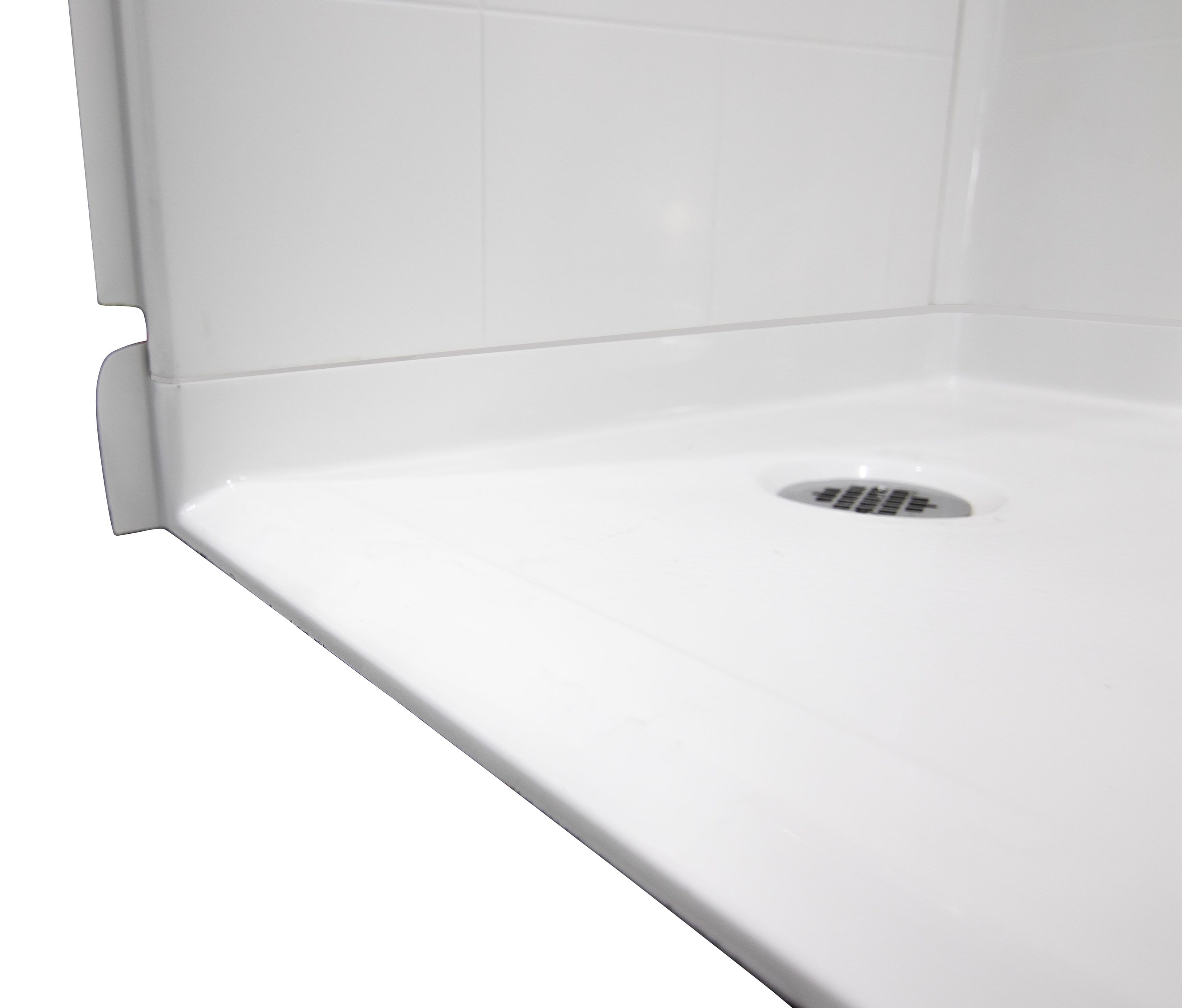 Laurel Mountain Whitwell ADA Roll-In Zero Threshold- Barrier Free White 33-in  x 62-in x 78-in One-piece Shower Kit (Center Drain) with Folding Seat, Base,  Wall and Drain Included in the Shower Stalls