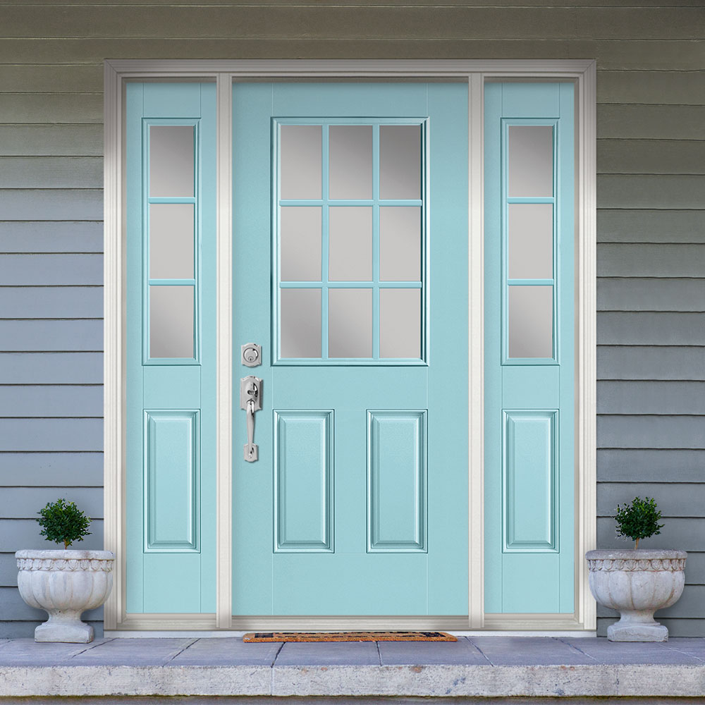 Masonite 1218800 60-in x 80-in x 4-9/16-in Fiberglass Half lite Right-hand inswing Caribbean Blue Painted Prehung Front Door with Sidelights with Brickmould Insulating core with Grilles