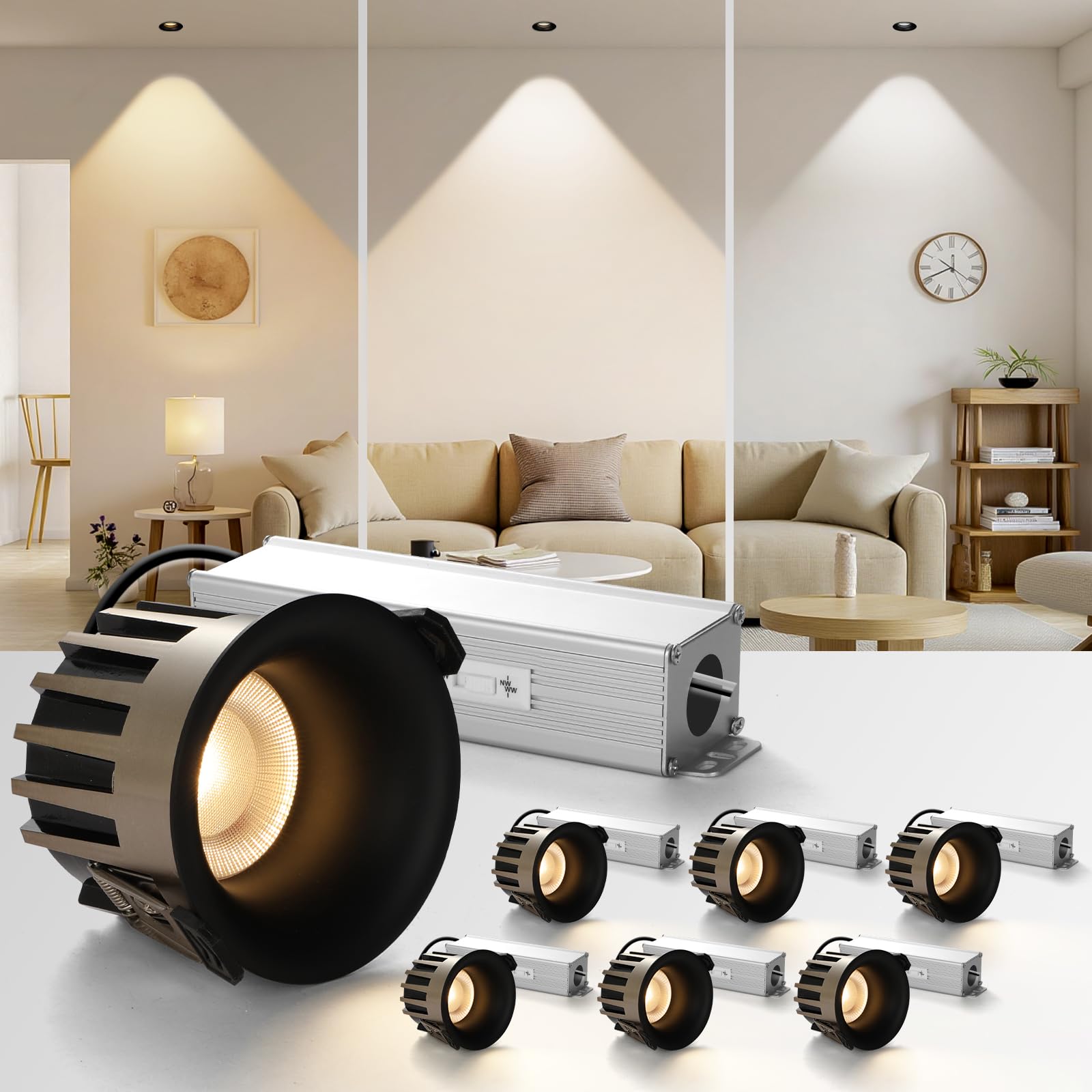 Anqtovp  3 Inch Recessed LED Light Dimmable Canless Soffit Light 3CCT Selectable 12W 1300LM Black Flush Mount for Living Room Kitchen 6 Pack