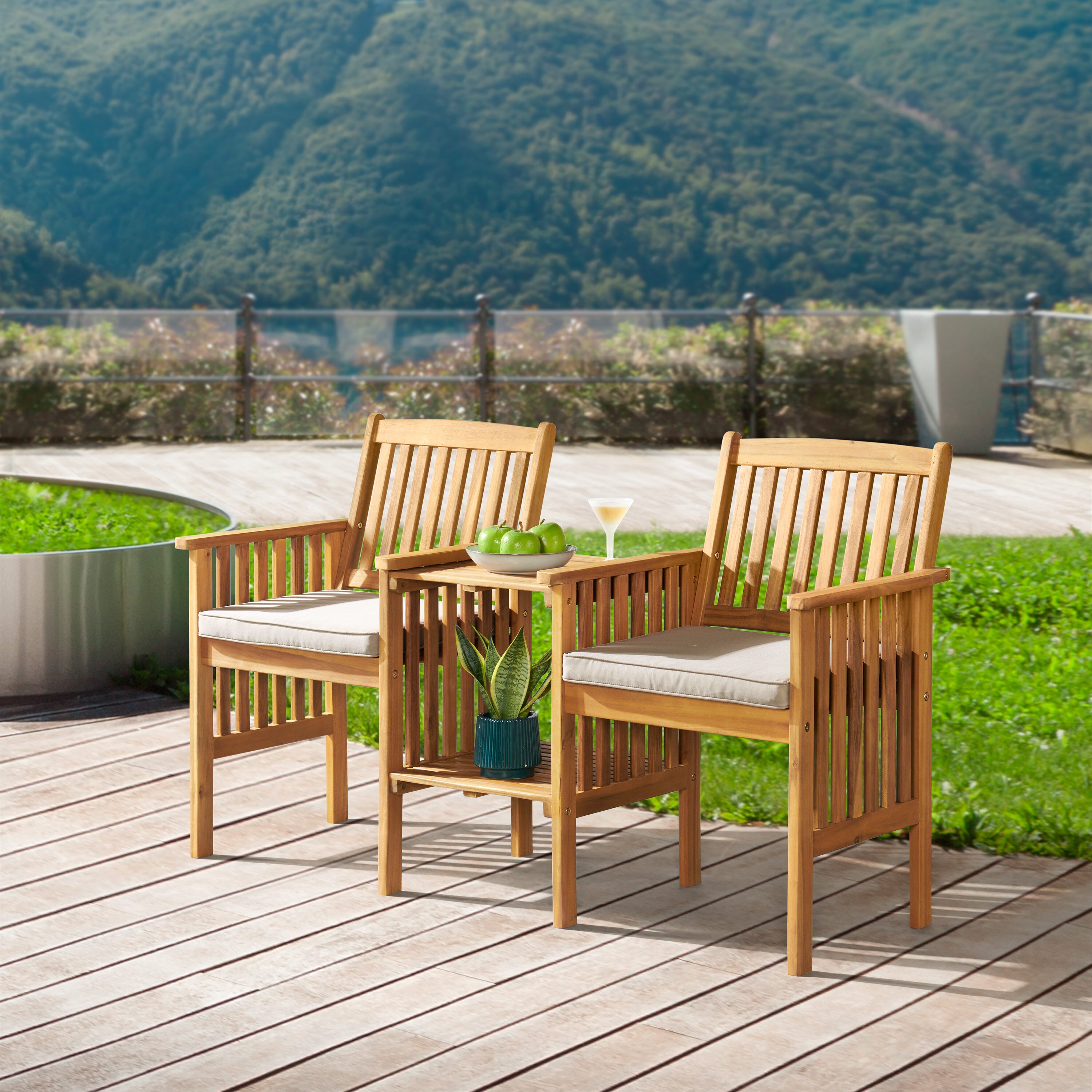 Natural Acacia Wood Outdoor Double Seat Bench with Table