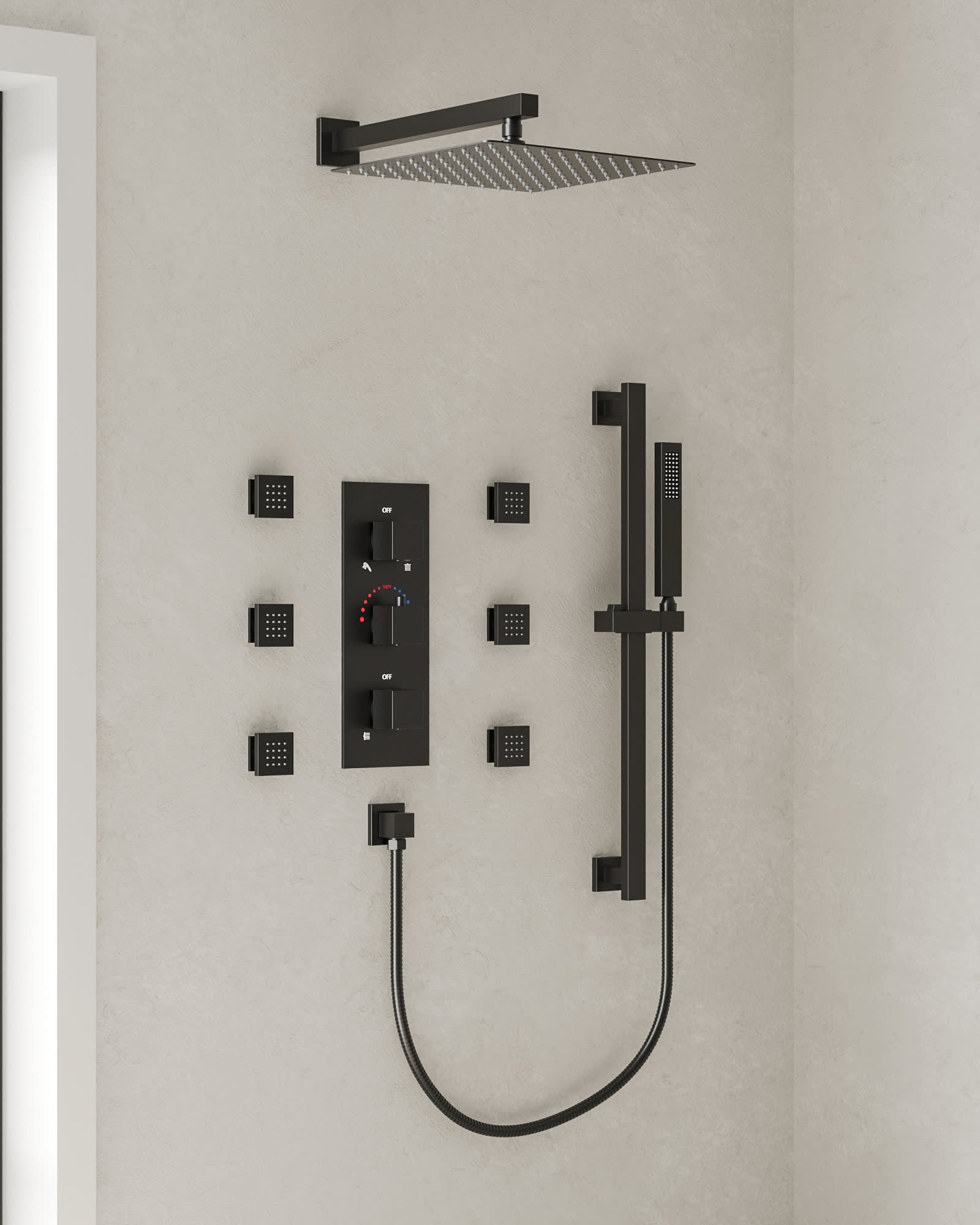 EVERSTEIN SFS-1016-BK12 5-Spray Patterns Wall Mount Fixed and Handheld Shower Head in Matte Black Height Adjustable (Valve Included)