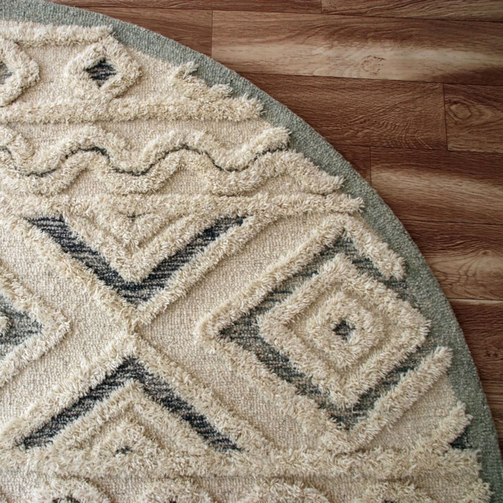 Handmade Light Blue Round Tufted Wool Geometric Area Rug