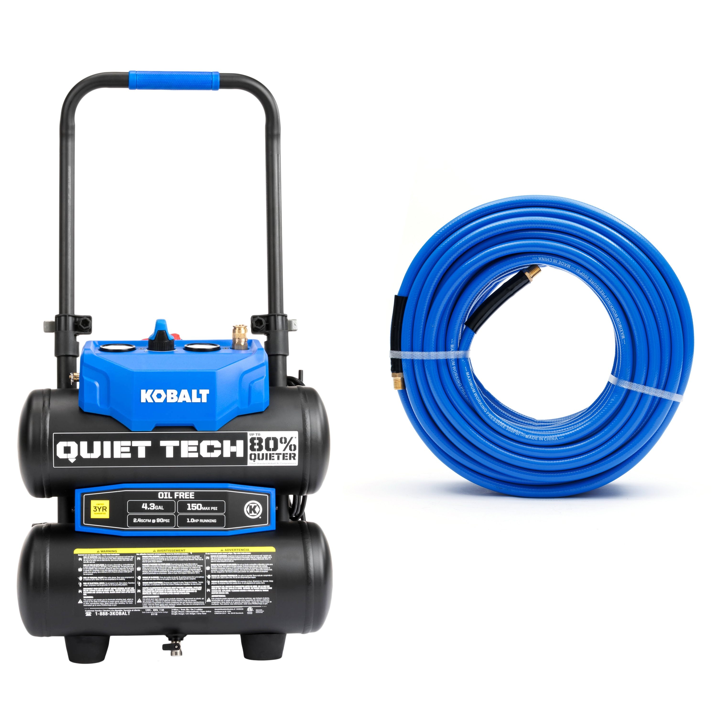 Kobalt 4.3-Gal Quiet Compressor and 3/8-IN x 50-FT PVC Air Hose