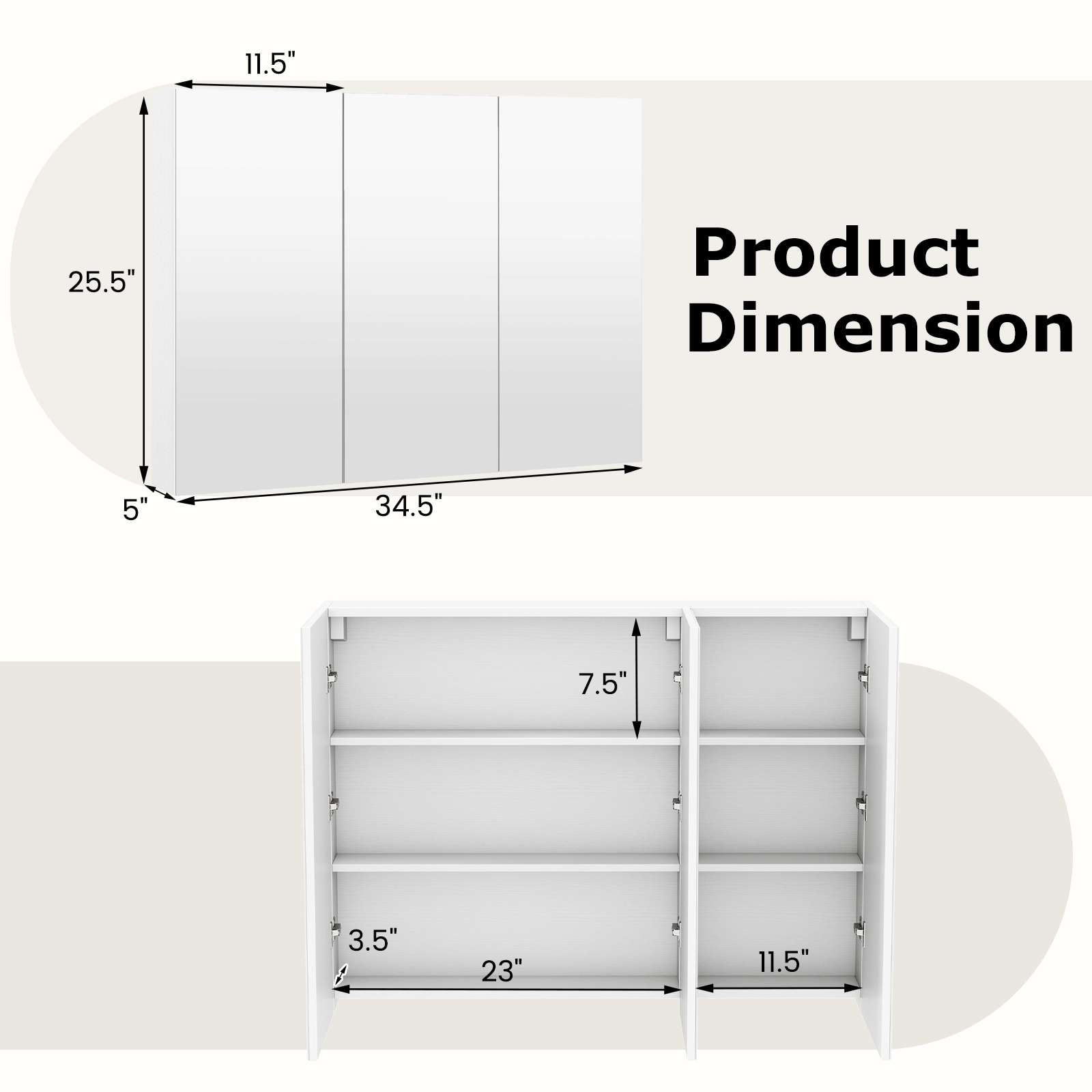 WELLFOR 36-in x 25.5-in Surface Mount White Mirrored Soft Close