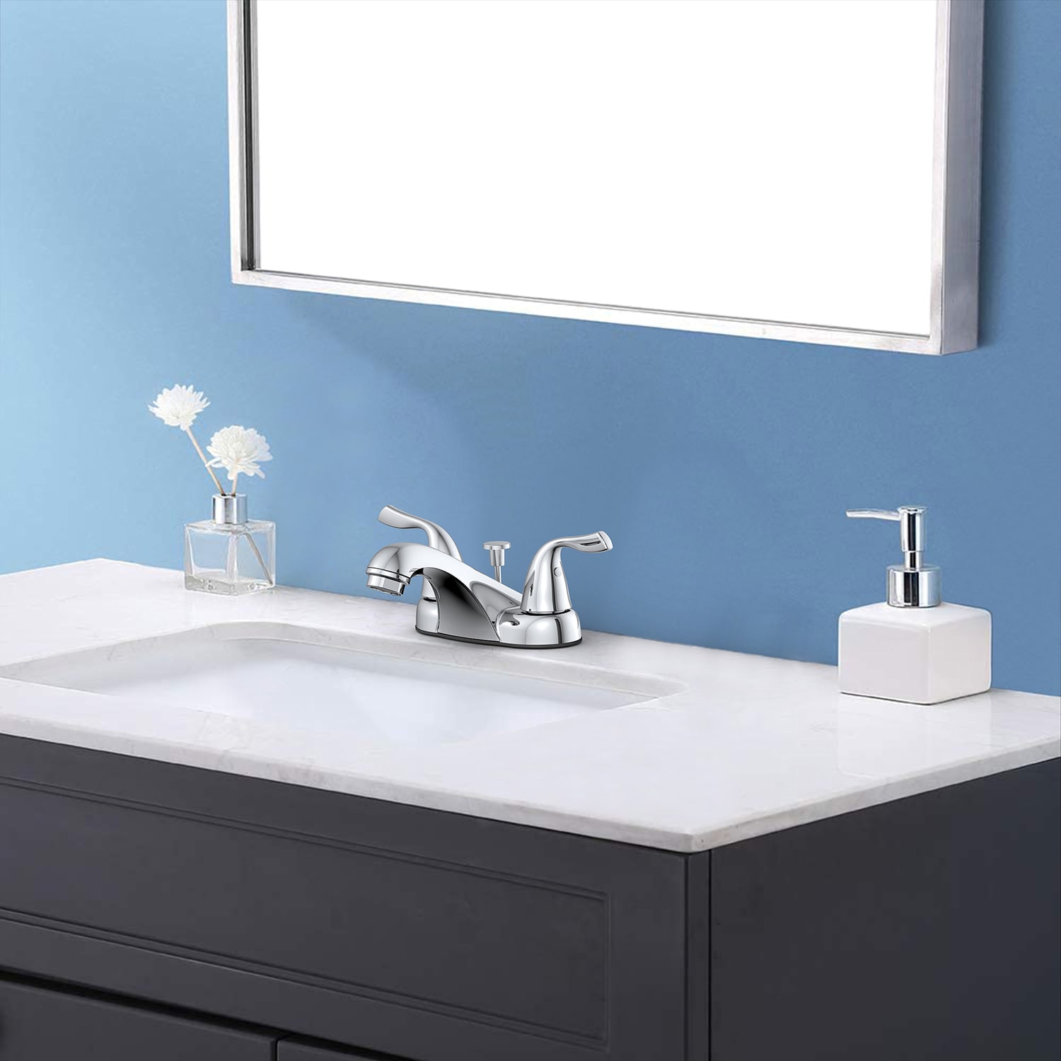 Project Source Dover Brushed Nickel 4-in centerset 2-handle WaterSense  Bathroom Sink Faucet with Drain and Deck Plate (2.37-in) in the Bathroom  Sink Faucets department at