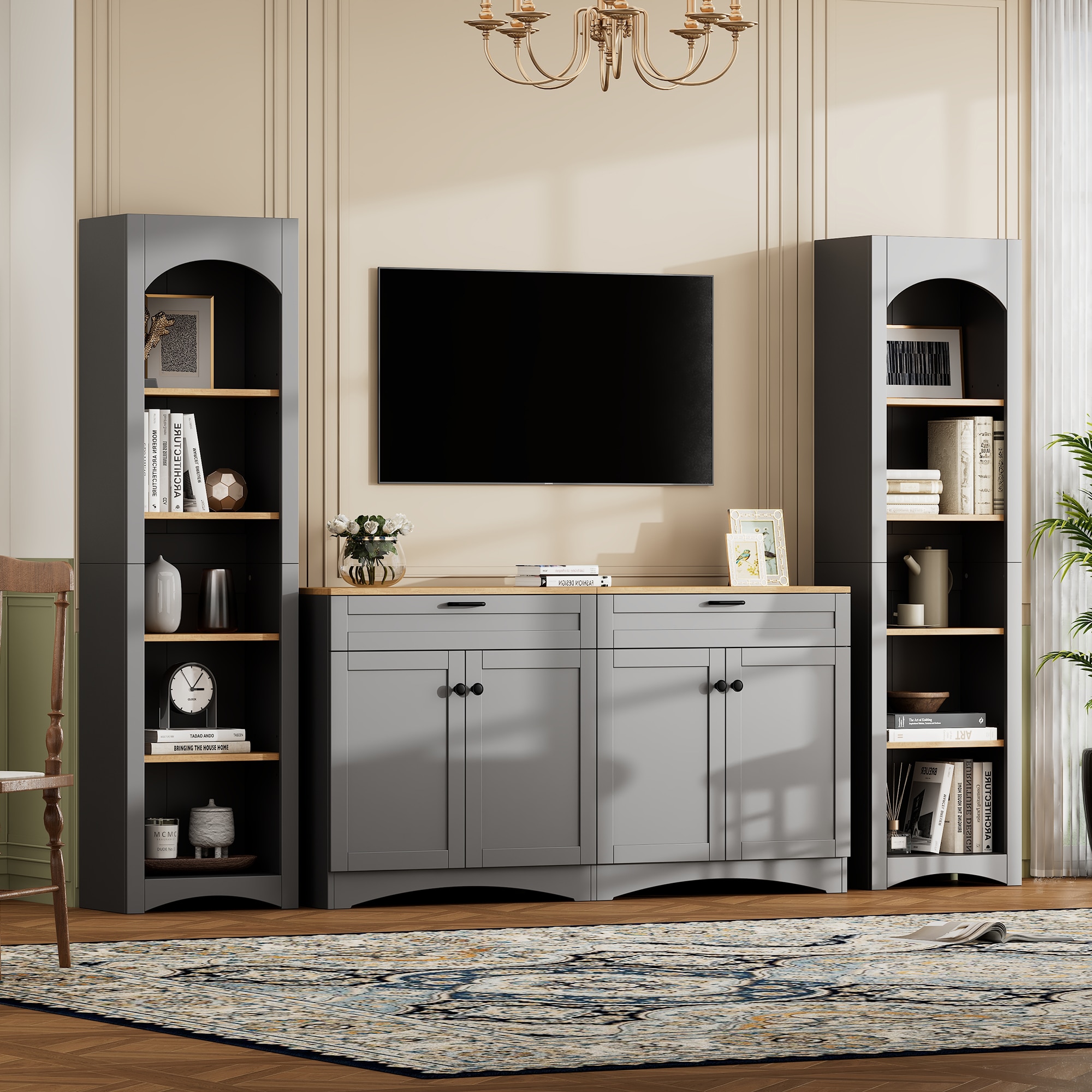 ModernLuxe N721S000045E 3Piece Farmhouse Entertainment Center with Storage Cabinet for TVs Up to 70inch MidCentury TV Stand with Bookshelf Rustic Versatile Sideboard with Adjustable Shelves for Living Room Grey