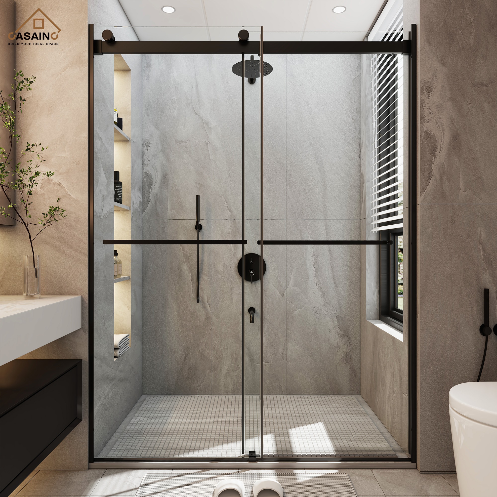 CASAINC SL-TL-C76 Matte black 48-in W x 76-in H Frameless Clear Glass Sliding Shower door
