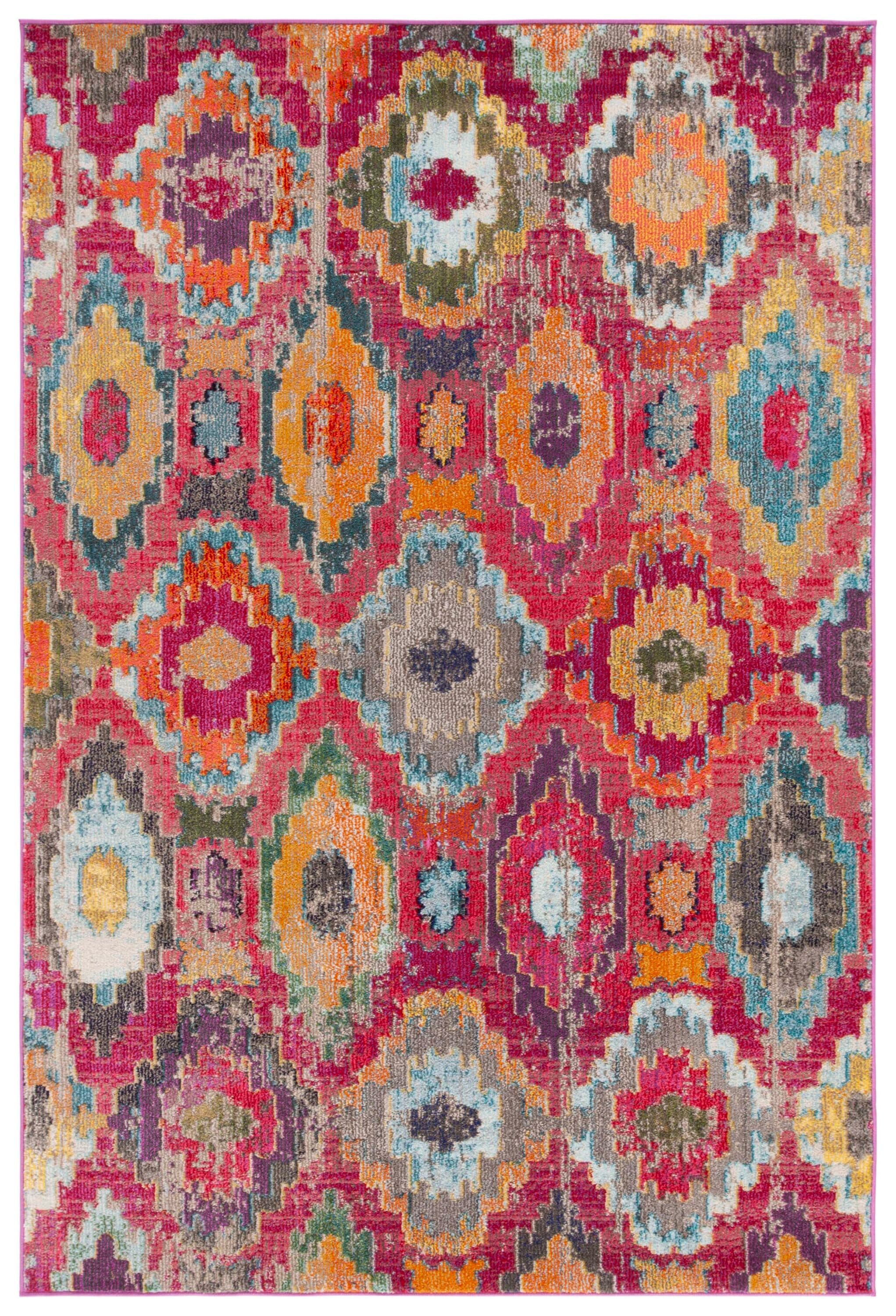 Red and Blue Synthetic Boho-Chic Geometric Area Rug, 9' x 12'