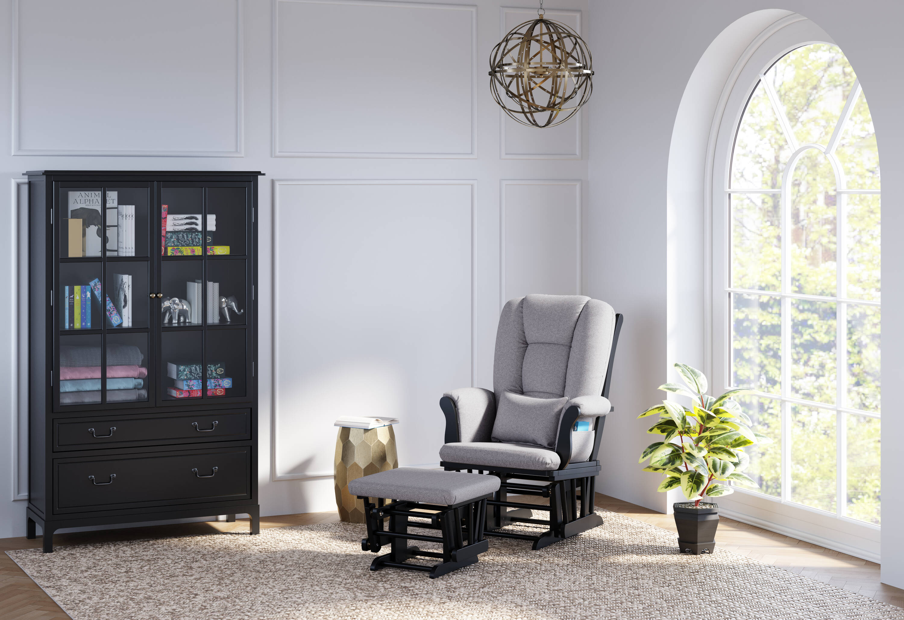Black and Slate Gray Wood Nursery Glider with Ottoman