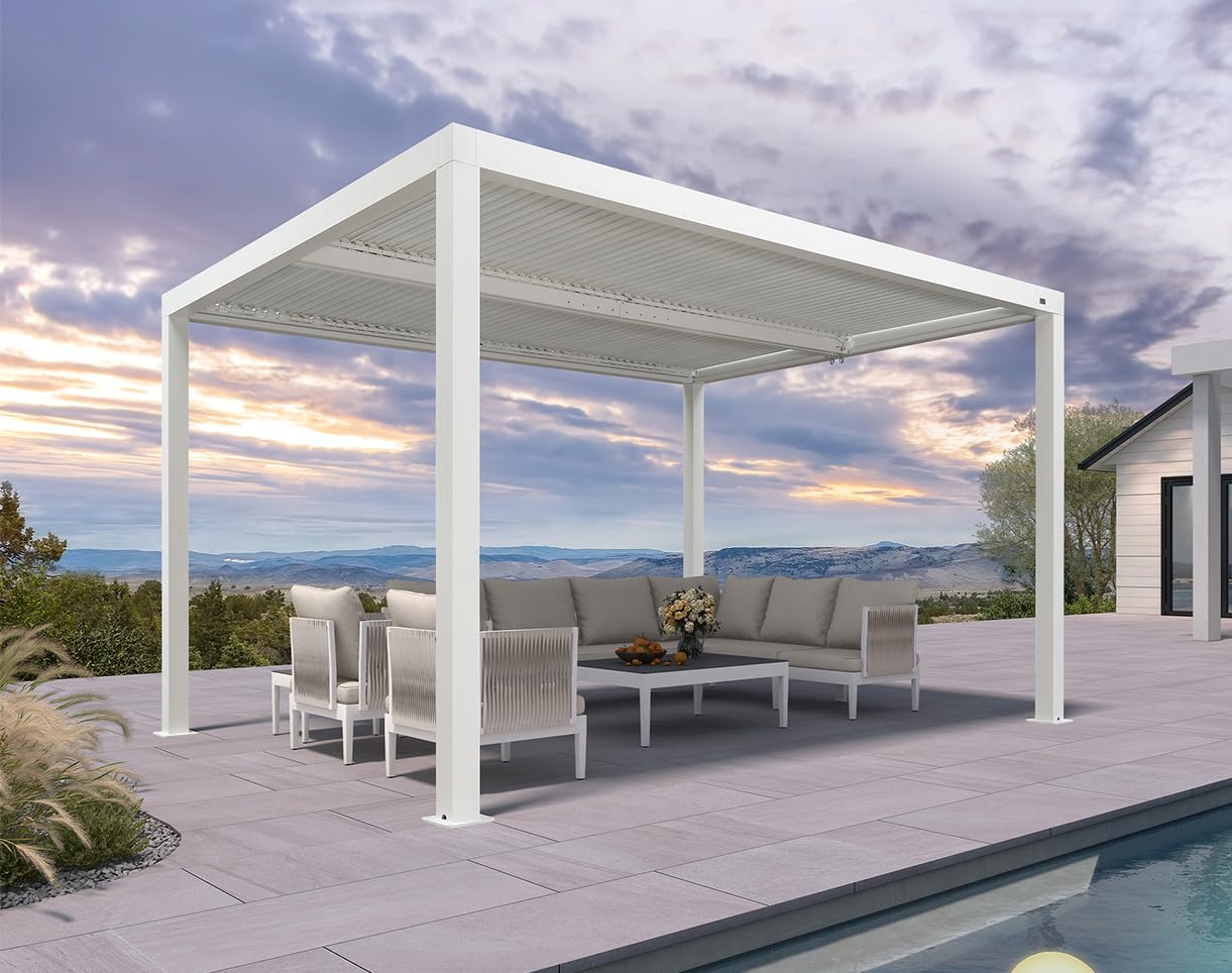 PURPLE LEAF LSXFBY1013-WT Louvered Pergola with Adjustable Roof 10-ft W x 13-ft L x 7-ft 8-in H White Metal Freestanding Pergola