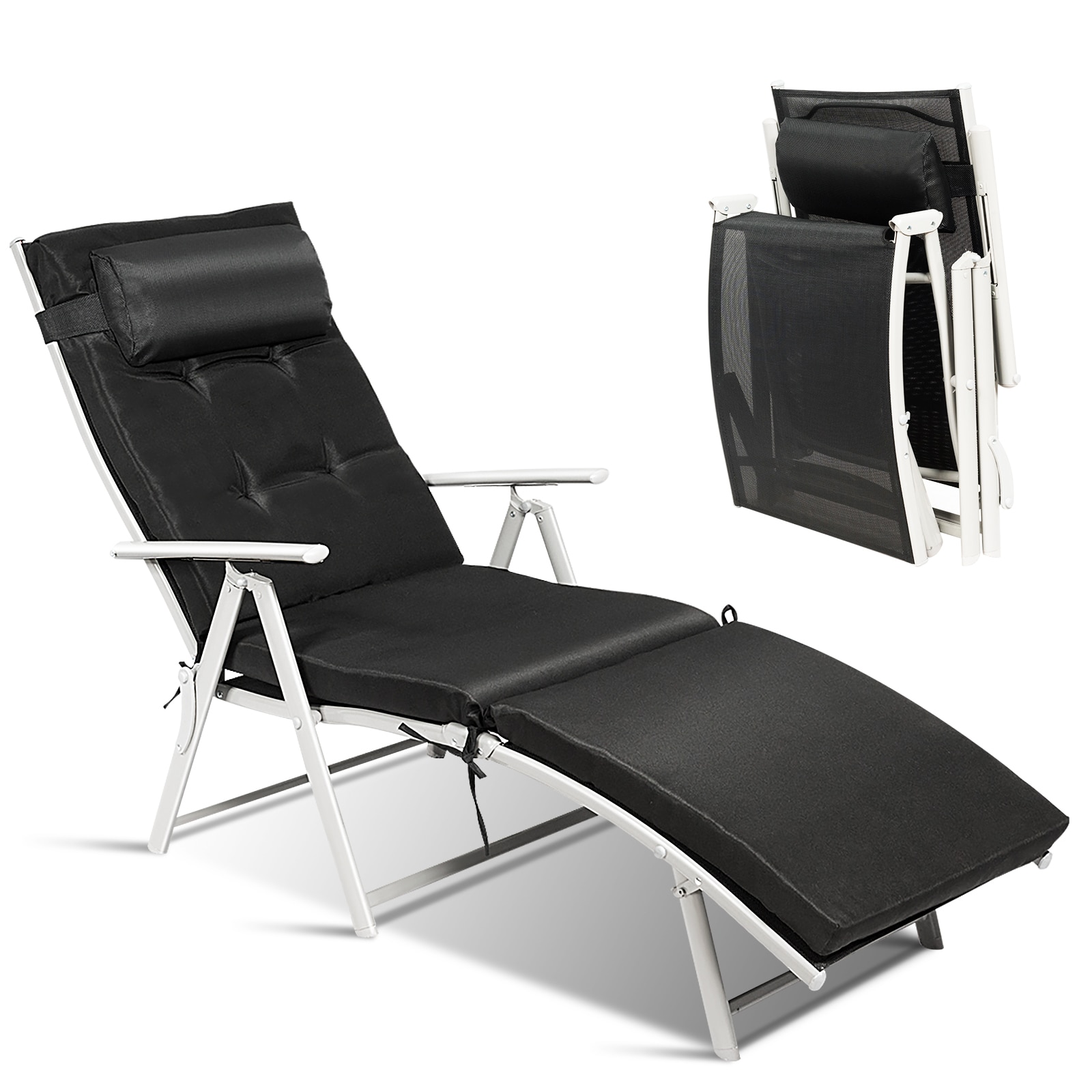 Slickblue D-CO-KB34246WH 1 PC- Black/ Gray- Steel Frame Adjustable Folding Chaise Lounge Chair with Black/ Gray Fabric Seat and Cushion for Patio or Poolside
