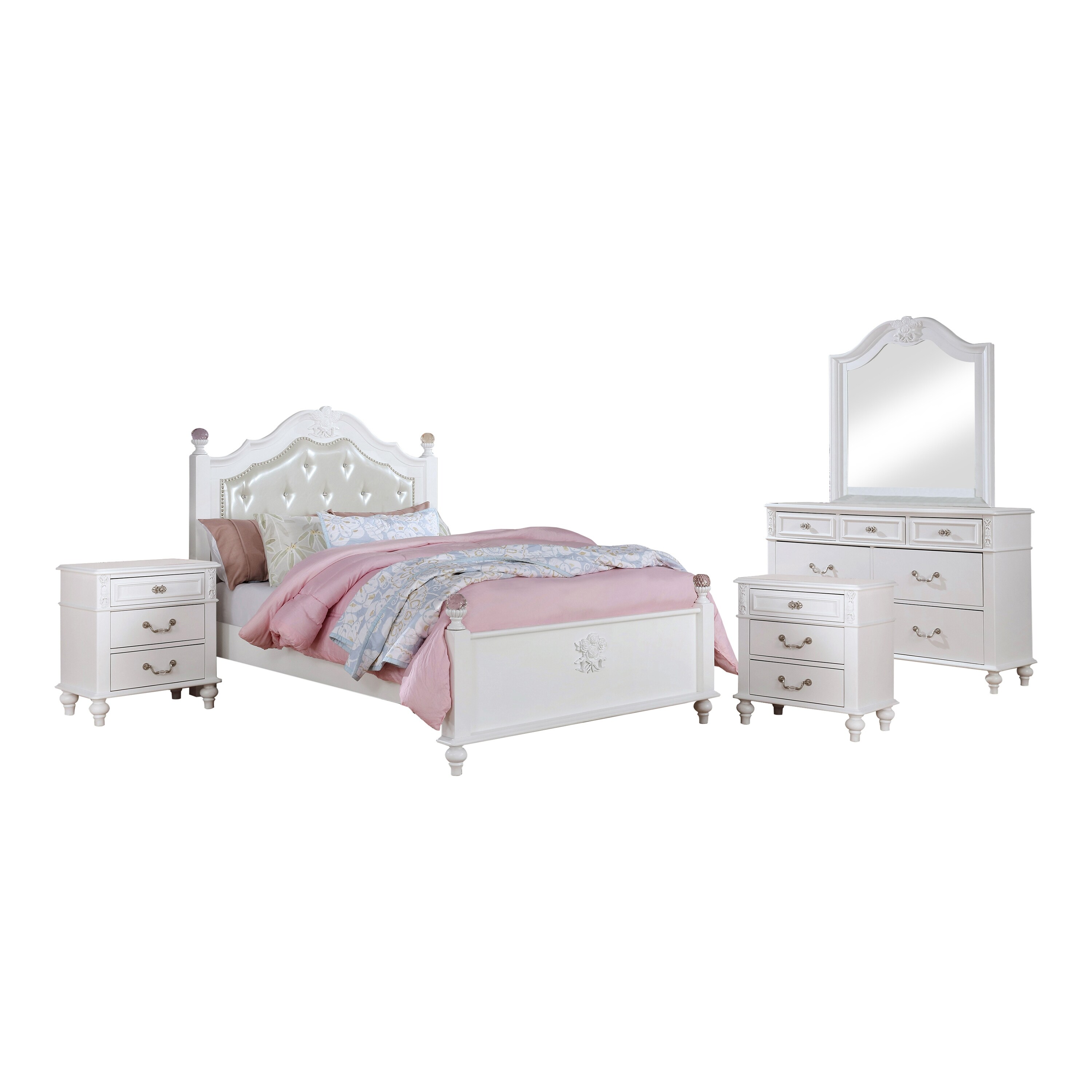 Traditional White Full Bedroom Set with Bed, Nightstands, Dresser, and Mirror - Winamac Collection | - Furniture of America IDF-7174F-NDM