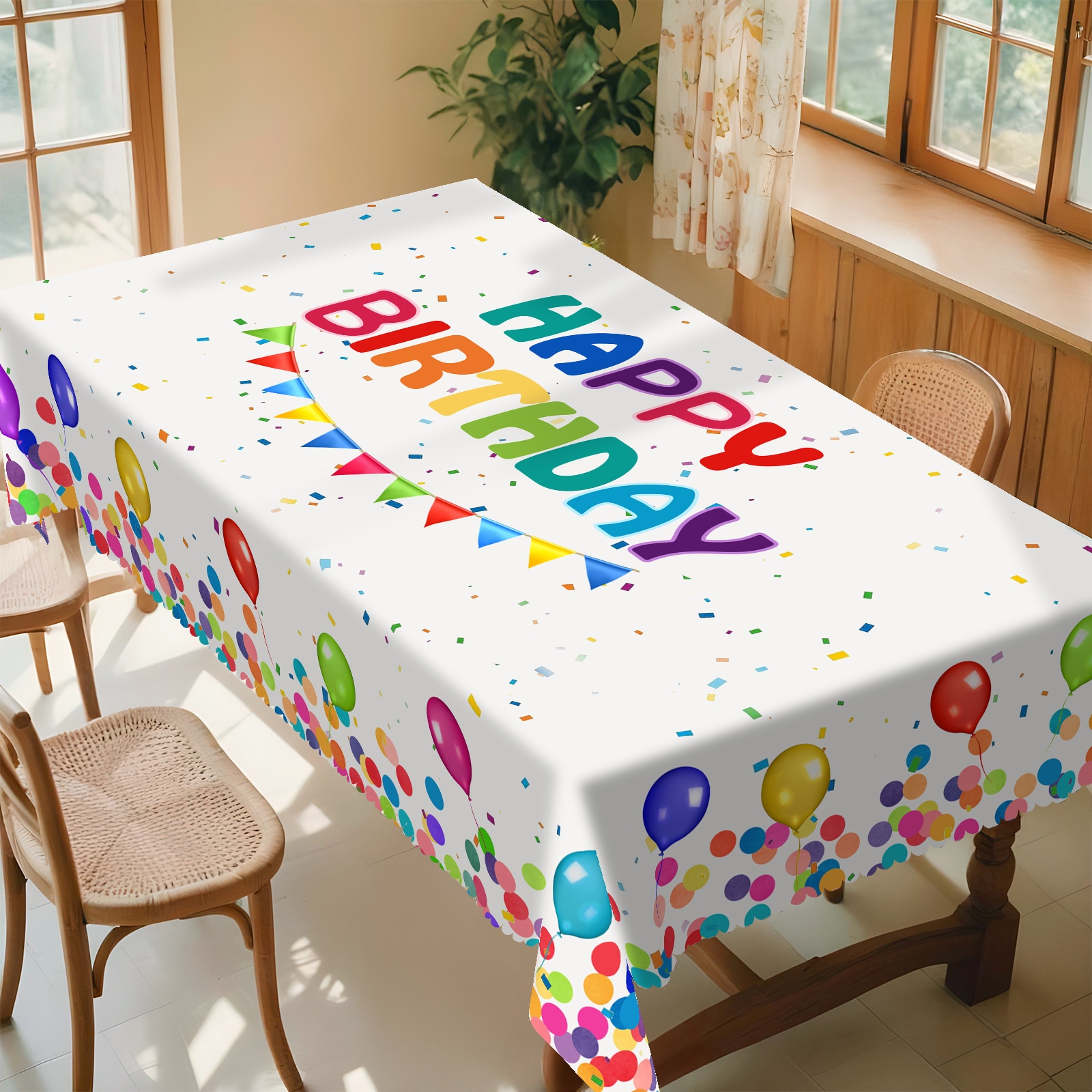 WISH TREE Birthday Tablecloth 55x70 Inch Rectangle Washable Table Cloths Balloon Print Table Cover for Picnic Kitchen Dining Room Home Decor