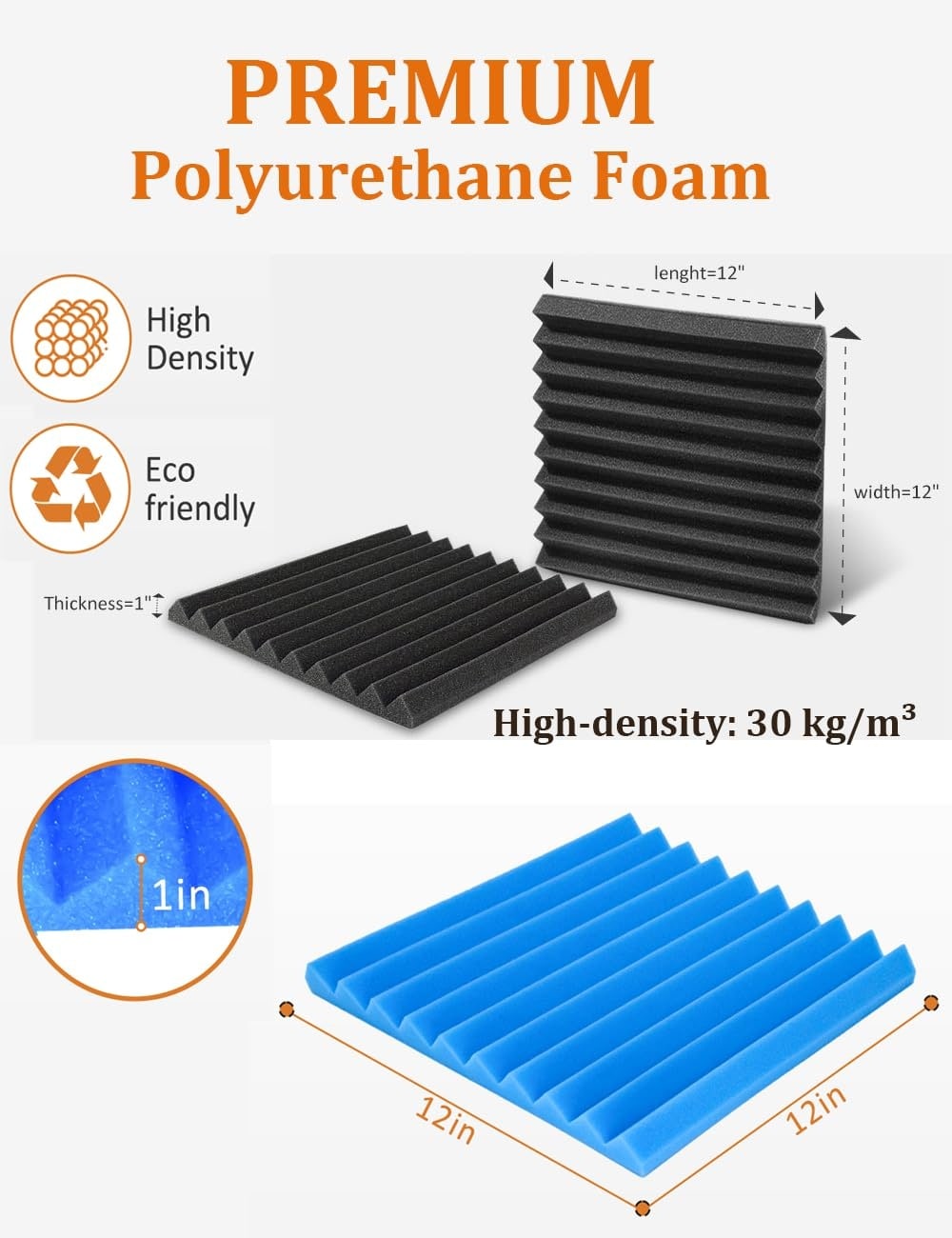 Etokfoks  Soundproof Wall Panels 1x1 ft Blue Black Polyurethane 48 Pack Wedge Shape Sound Absorbing Fire Resistant