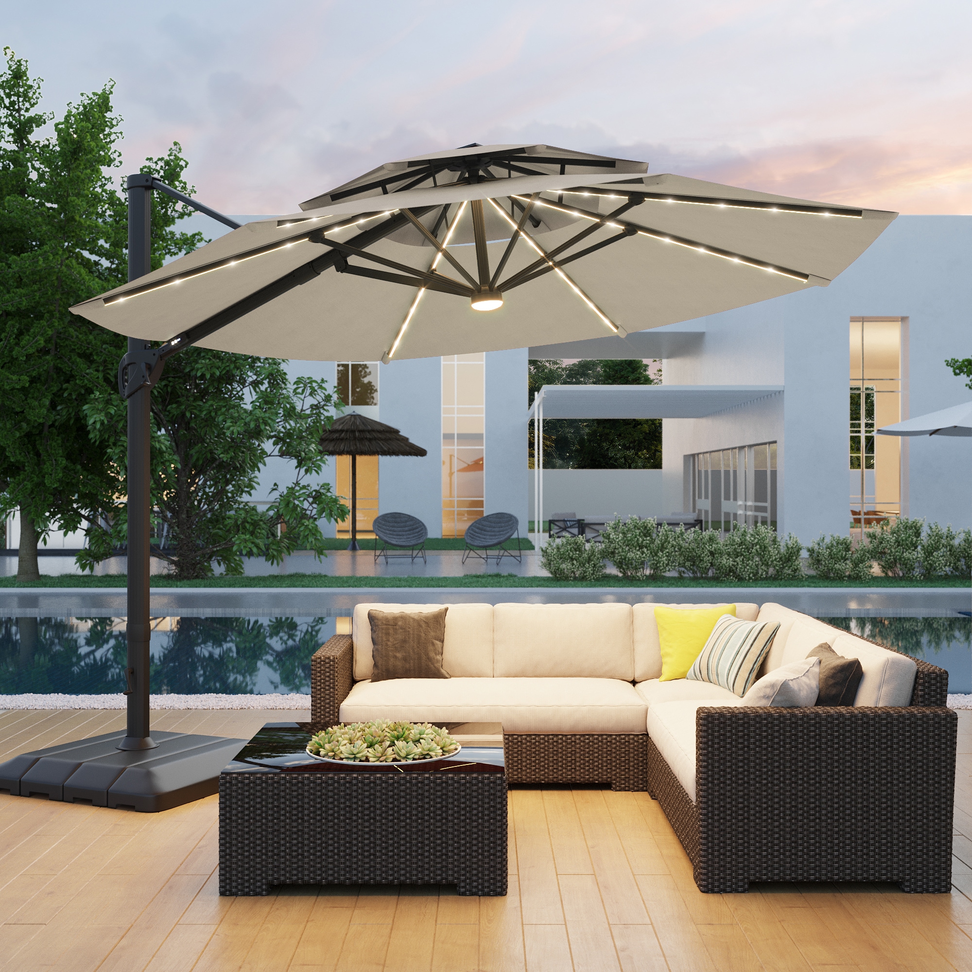 ACEGOSES LW-HCT-TJ22SD 11-ft Aluminum Tan No-tilt Cantilever Patio Umbrella with Lights with Base