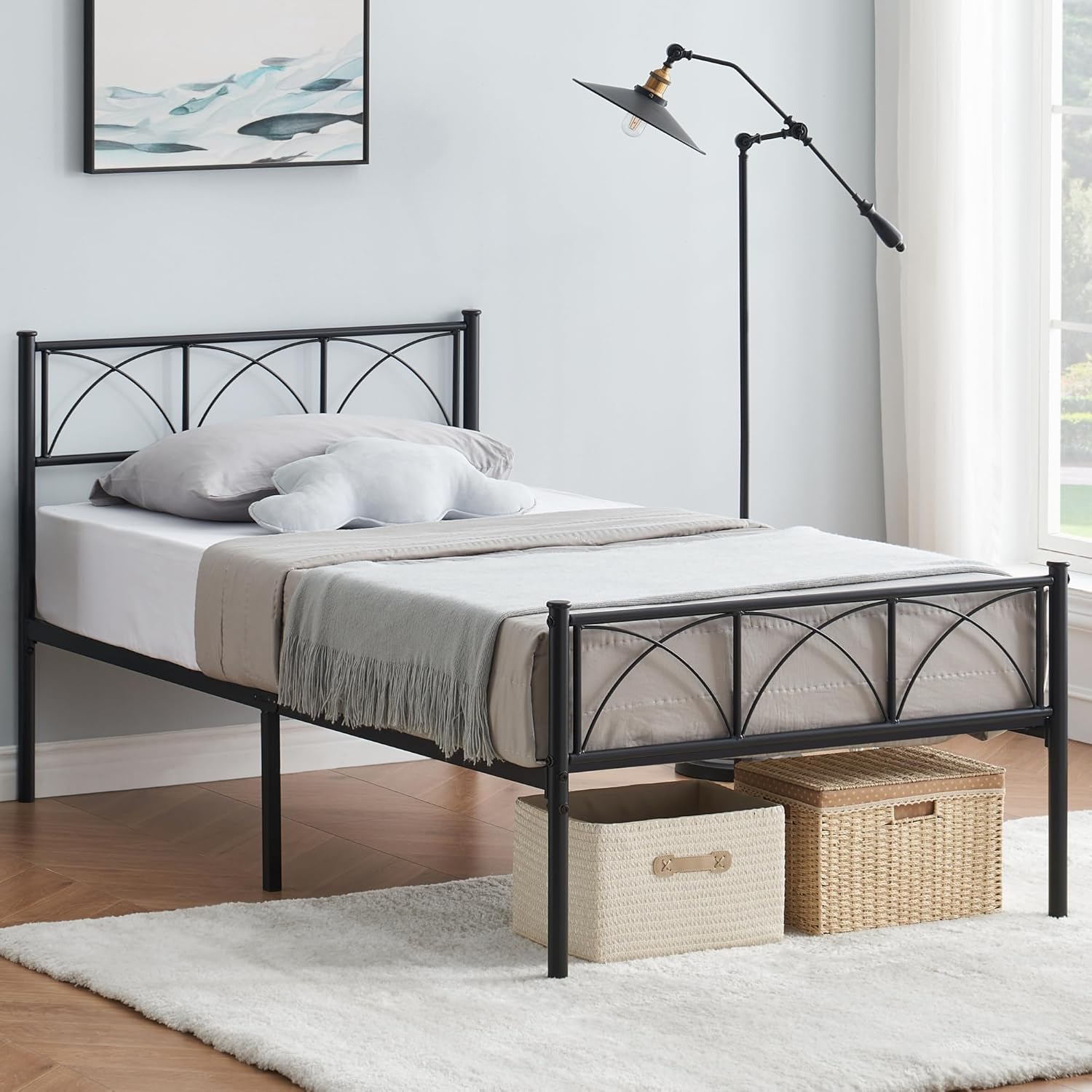 Qeetex LHF-BED-PHO-0Y8EY2GG Modern Stylish Iron Bed Frame with Headborad and Footboard Firm Support Structure Metal Platform Bed Frame No Box Spring Needed Under Bed Storage Simple Assembly Black
