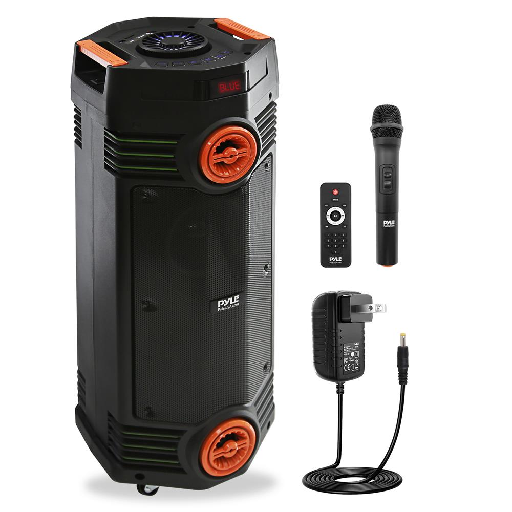 Pyle  Portable Bluetooth PA Speaker  300W Dual 65 Rechargeable IndoorOutdoor BT Karaoke Audio SystemParty LightsLED DisplayFMAUXMP3USBSD 14 in Handle WheelsWireless Mic Remote Control
