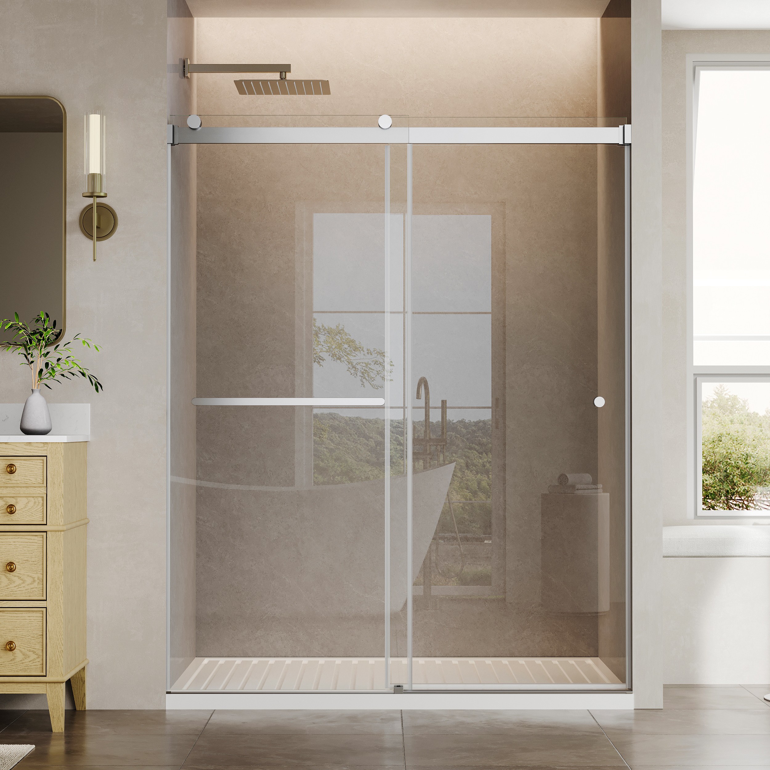 LIVIZA Double Sliding Brushed Nickel 56-in to 60-in W x 74-in H Frameless Clear Glass Sliding Shower door