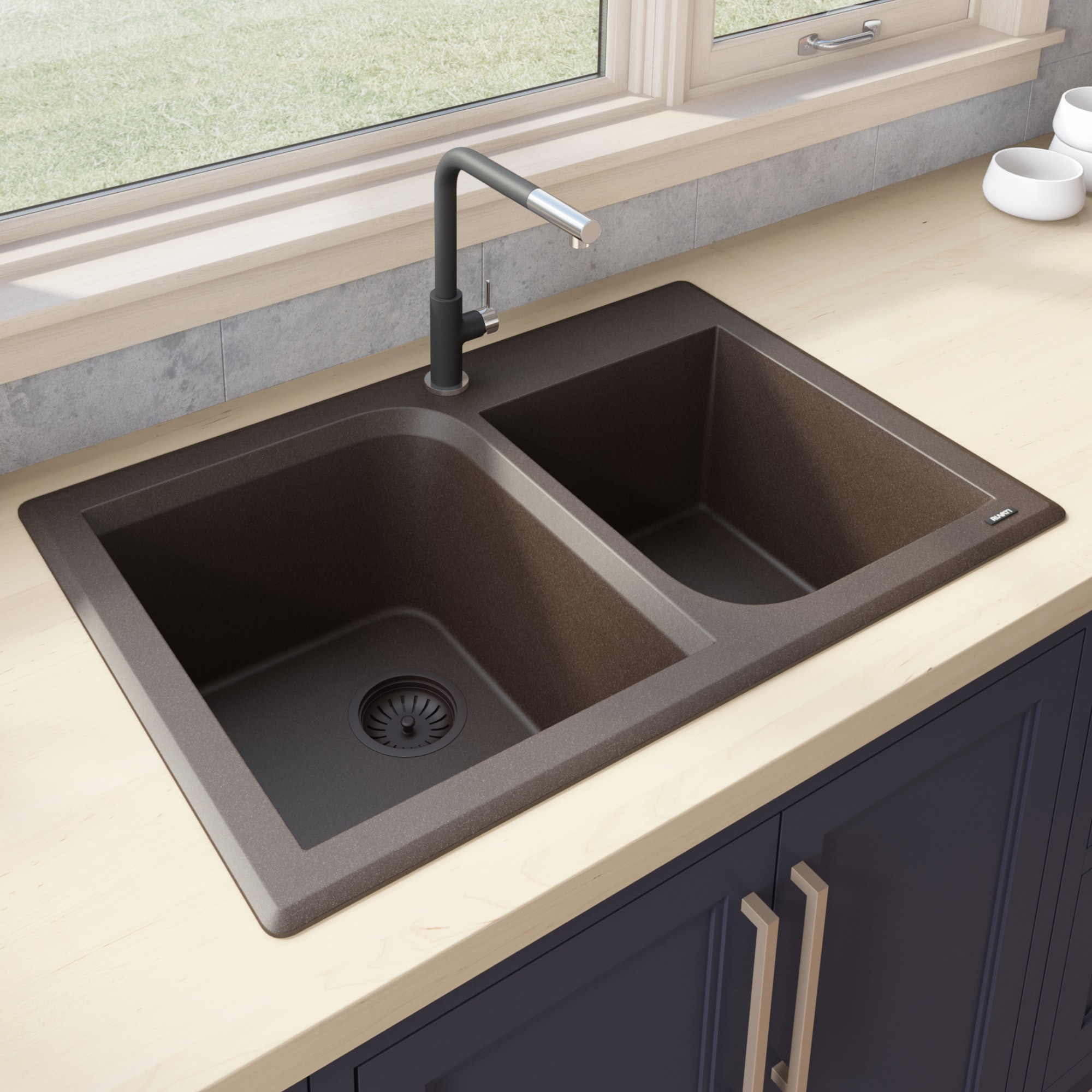 Ruvati RVG1396ES epiGranite Drop-in or undermount 33-in x 22-in Granite Double offset bowl 1-Hole Kitchen Sink
