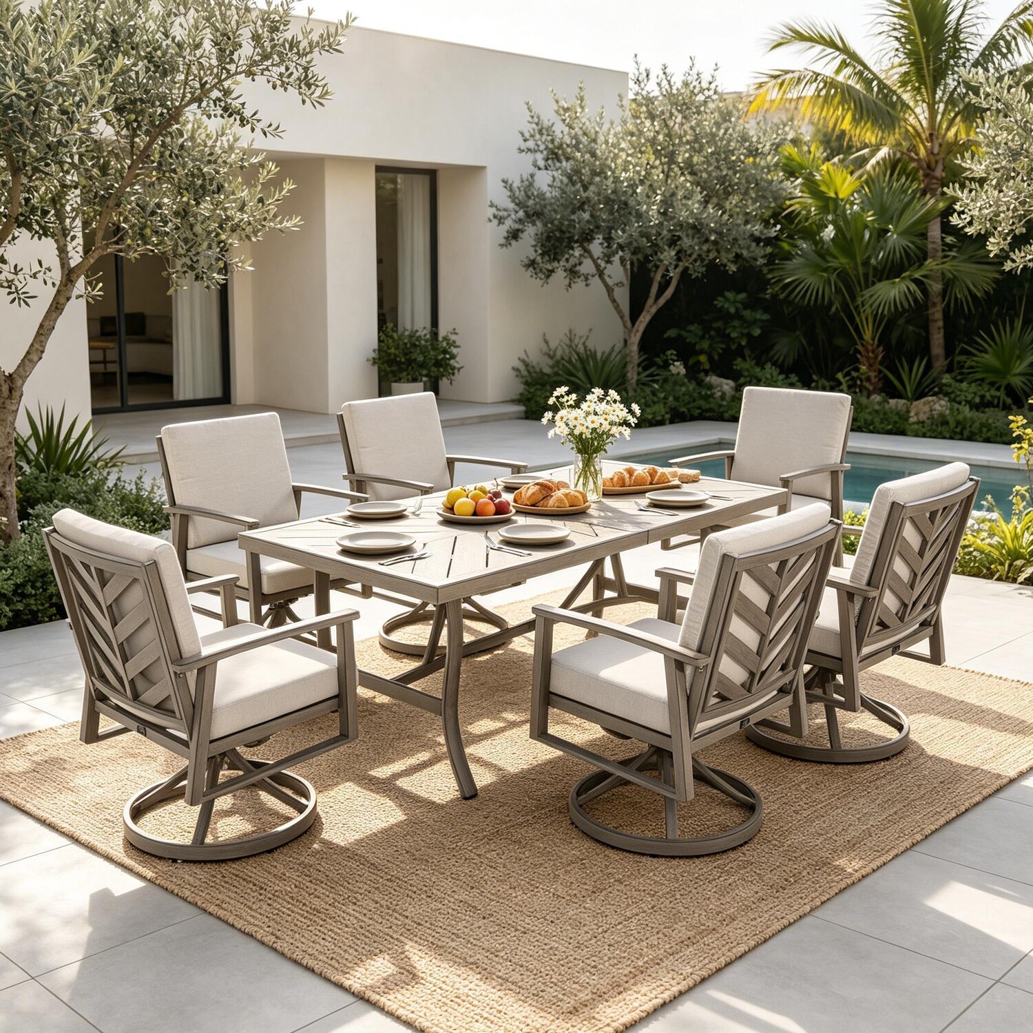 PEAK HOME FURNISHINGS - Ellis 7 -Piece Grey Patio Dining Set Aluminum Rectangle Table with 6 Beig...