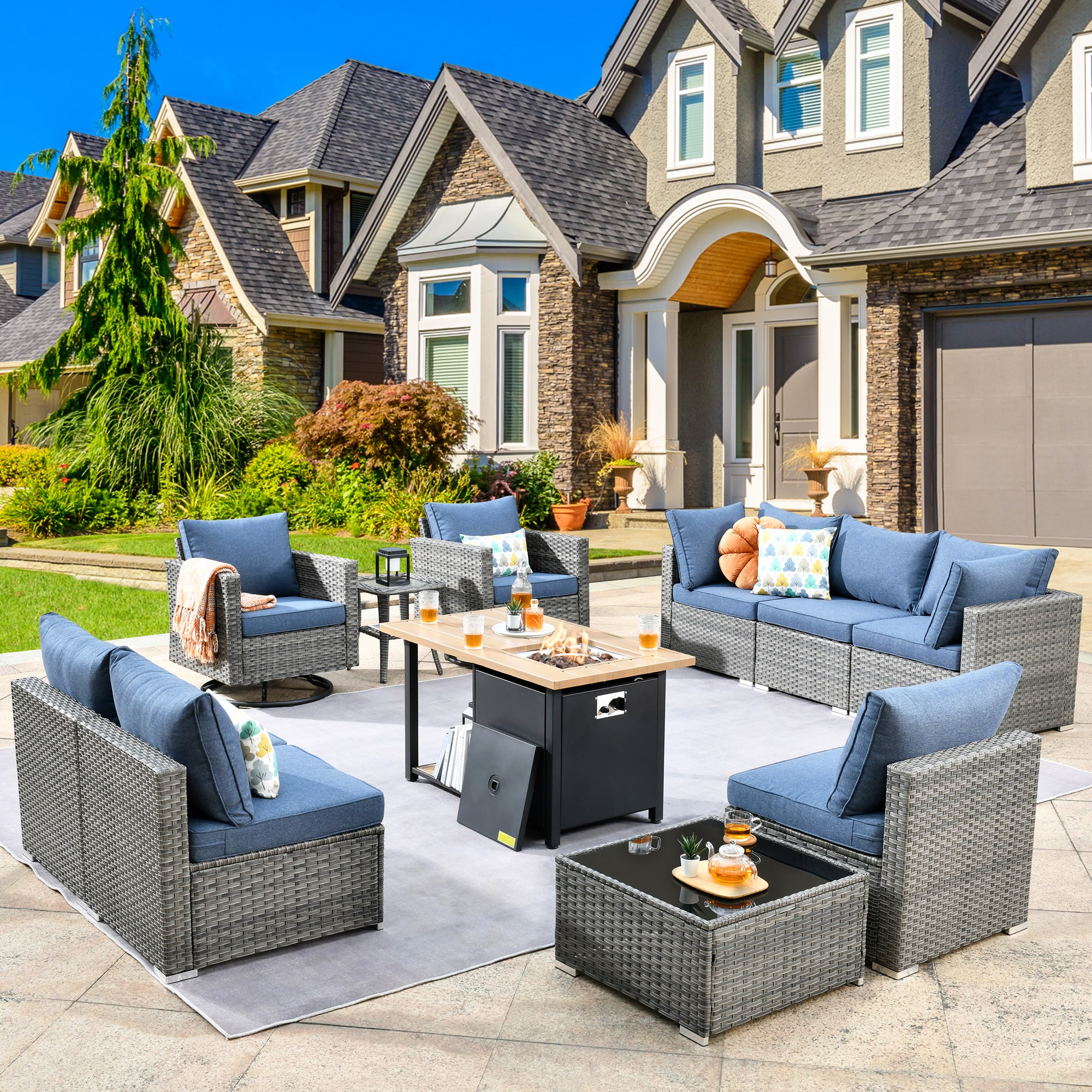 XIZZI XIHOPS306-RC3DFP Sunrise 11-Piece Rattan Patio Sofa Conversation Set with Blue Cushions