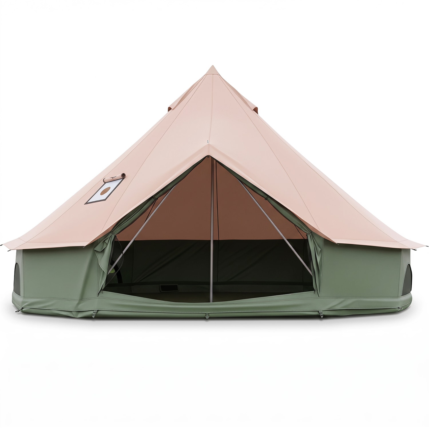 Slickblue Beige/Green Steel Oxford Cloth PVC Netted Fabric Mesh Polyester 4-6 Person Bell Camping Tent with Stove Jack Mesh Windows