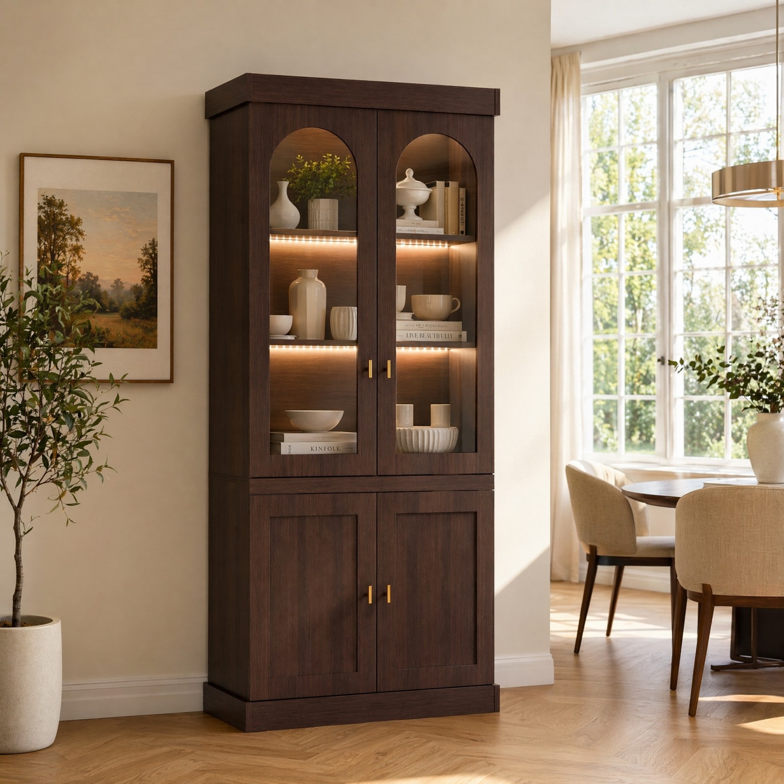 GlasFlength - 71 Inch Tall Display Cabinet with Glass Door Mid Century Modern Cabinet with LED L...