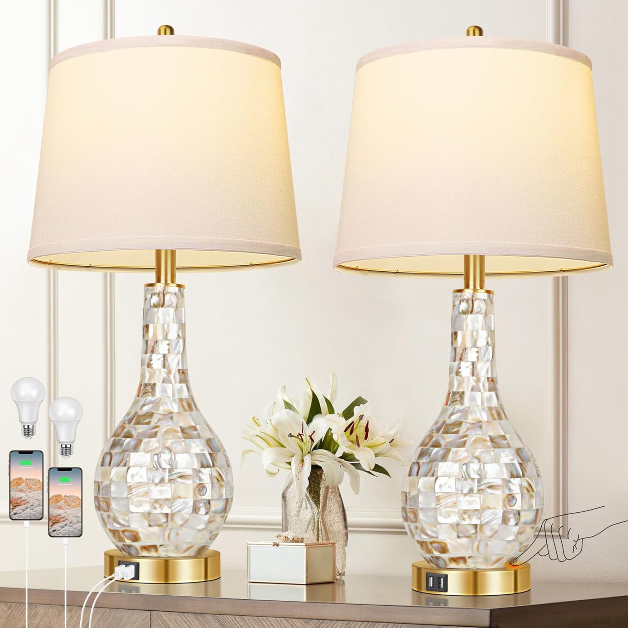 LETILY F9QCIA08 Table Lamp 8.5-in Clear LED Touch Table Lamp with Fabric Shade 2 -Set