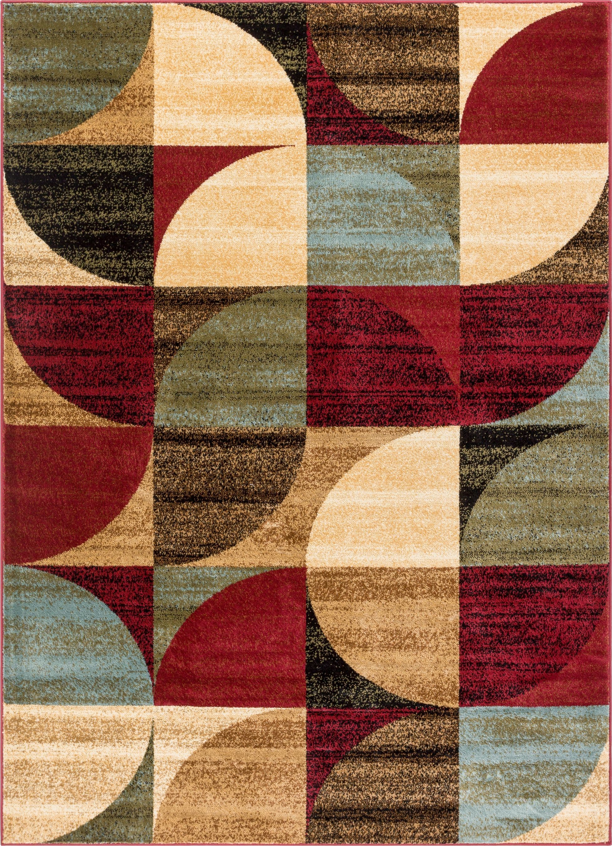 Ivory and Red Geometric Synthetic Rectangular Area Rug