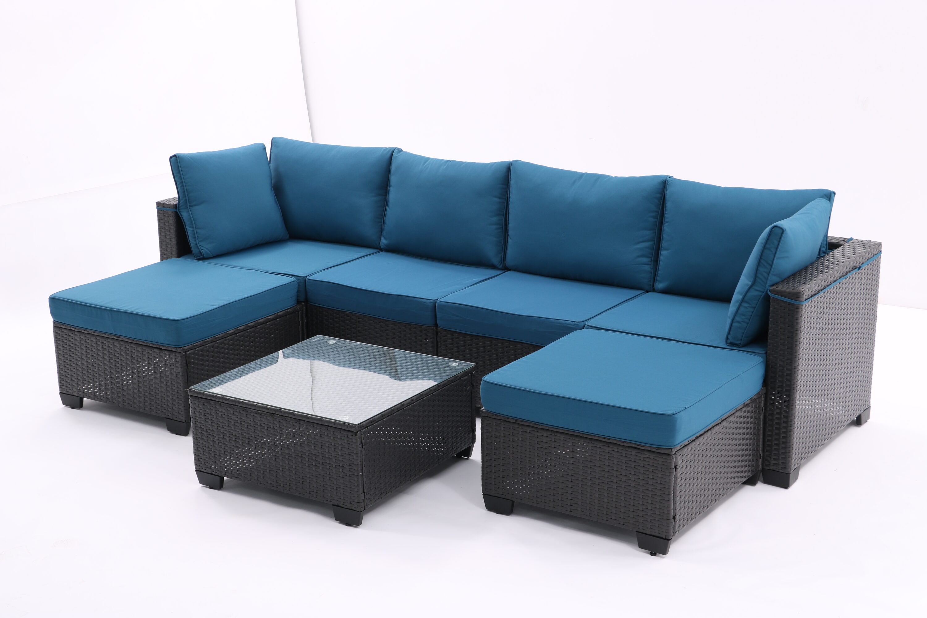 Damerin N7CS21 6 -Piece Rattan 2 Patio Sofa Conversation Set with Blue Cushions