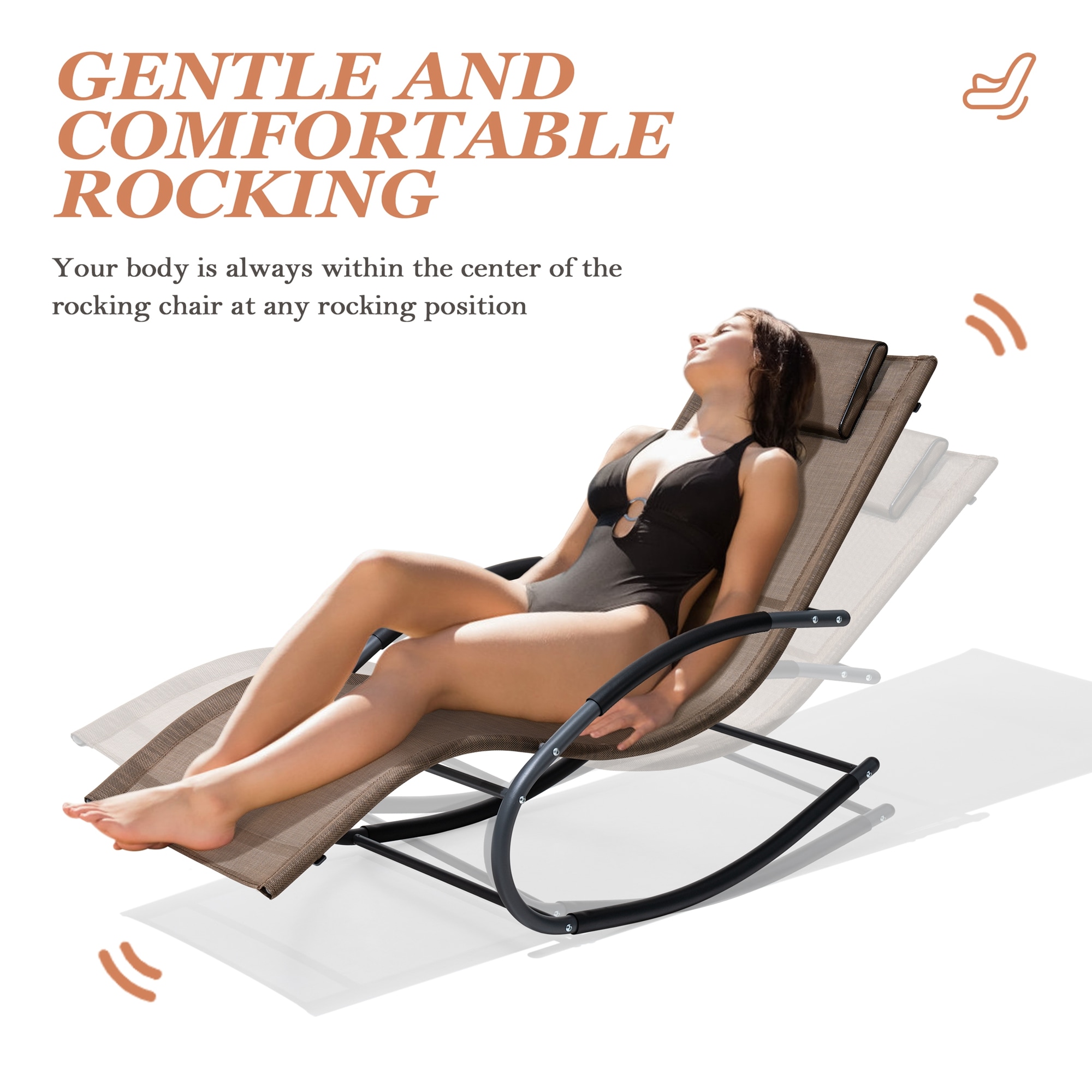 Brown Metal Frame Patio Rocking Chaise Lounge Chair with Texteline Sling Seat