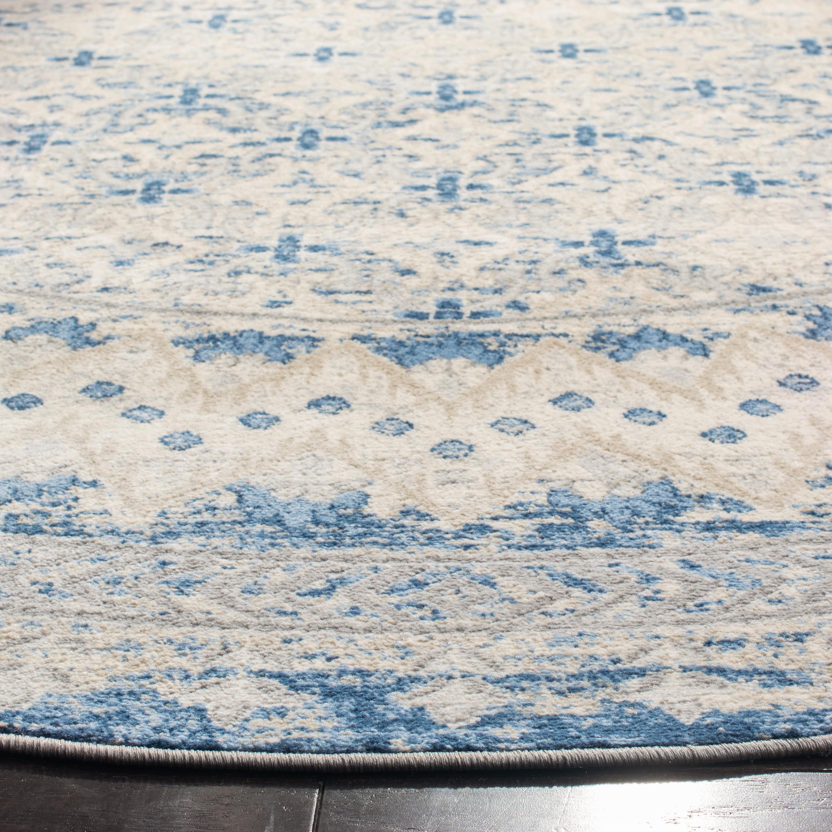 Light Gray and Blue Round Stain-Resistant Synthetic Area Rug