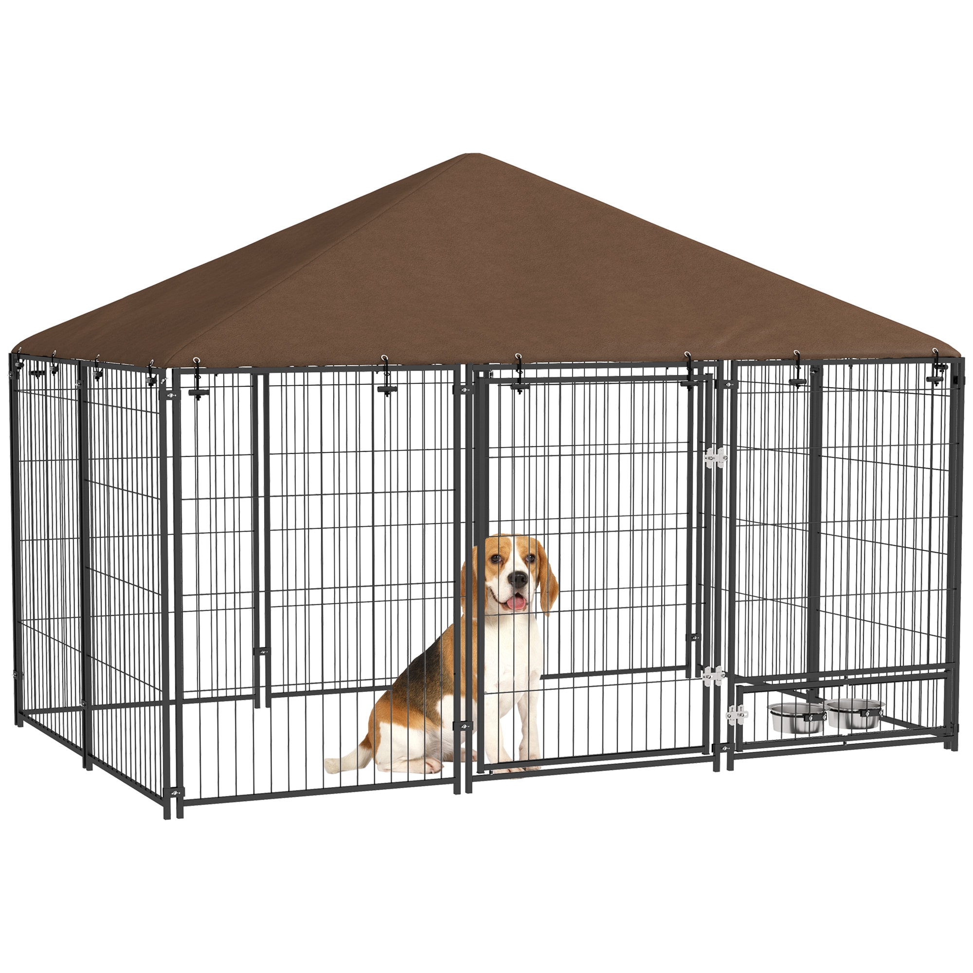 PawHut  Outdoor Dog Kennel 6.9ft by 4.6ft by 5ft Puppy Play Pen with Canopy Garden Playpen Fence Crate Enclosure Cage Rotating Bowl Black