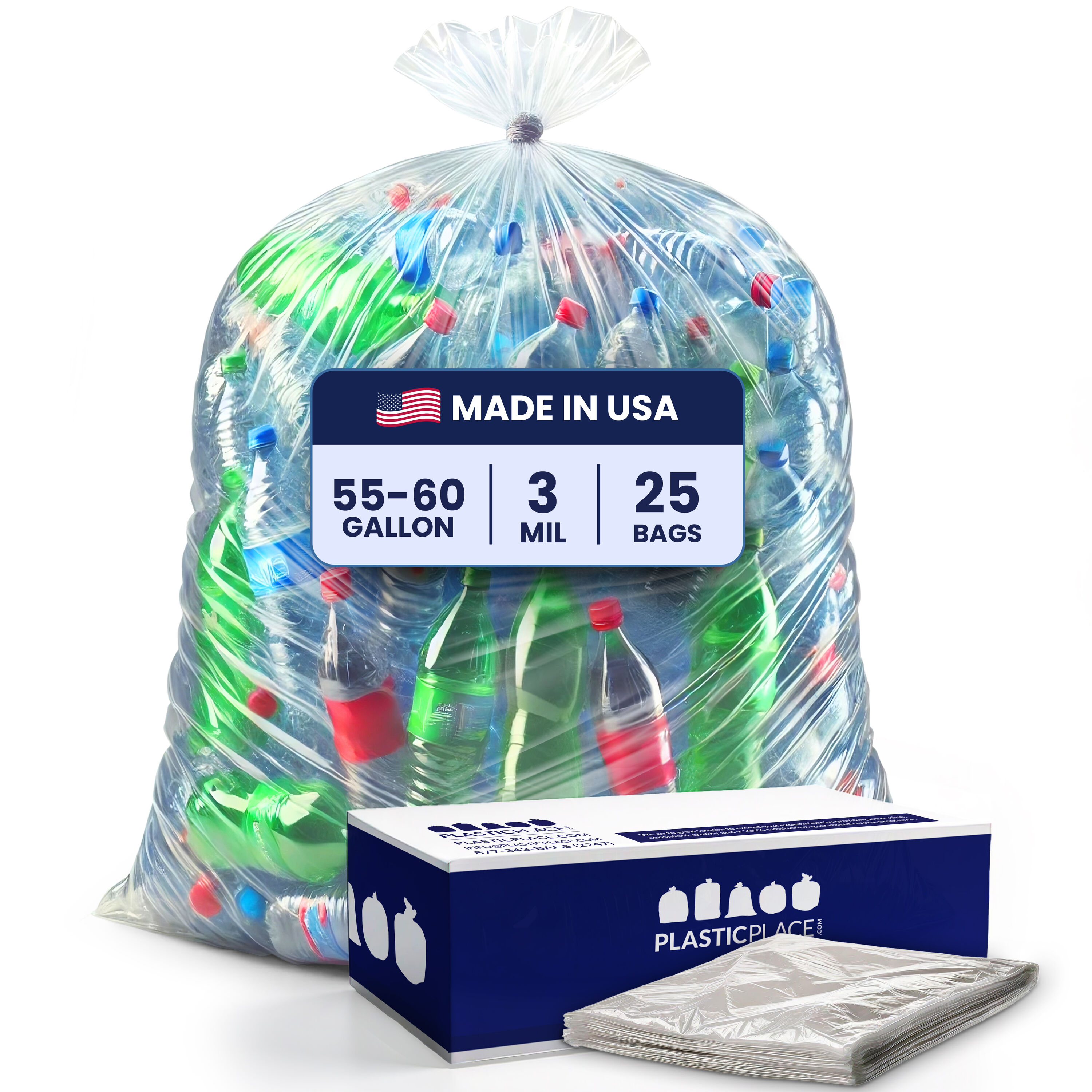Plasticplace CON55C25A 55-Gallon Clear Outdoor Plastic Can Twist Tie Trash Bag 25 -Count