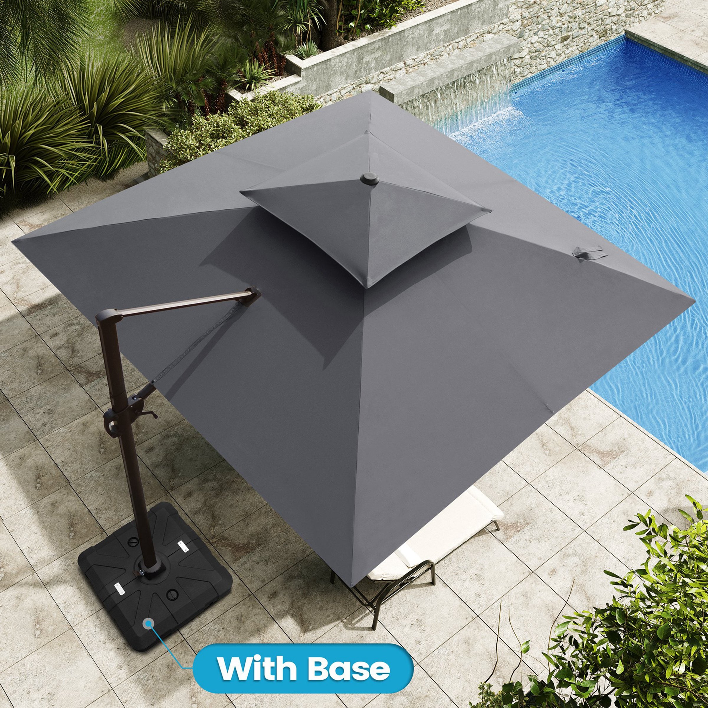 Crestlive Products CL-PU057DGY-UB008BLK 11-ft Aluminum Dark gray Crank Cantilever Patio Umbrella with Base