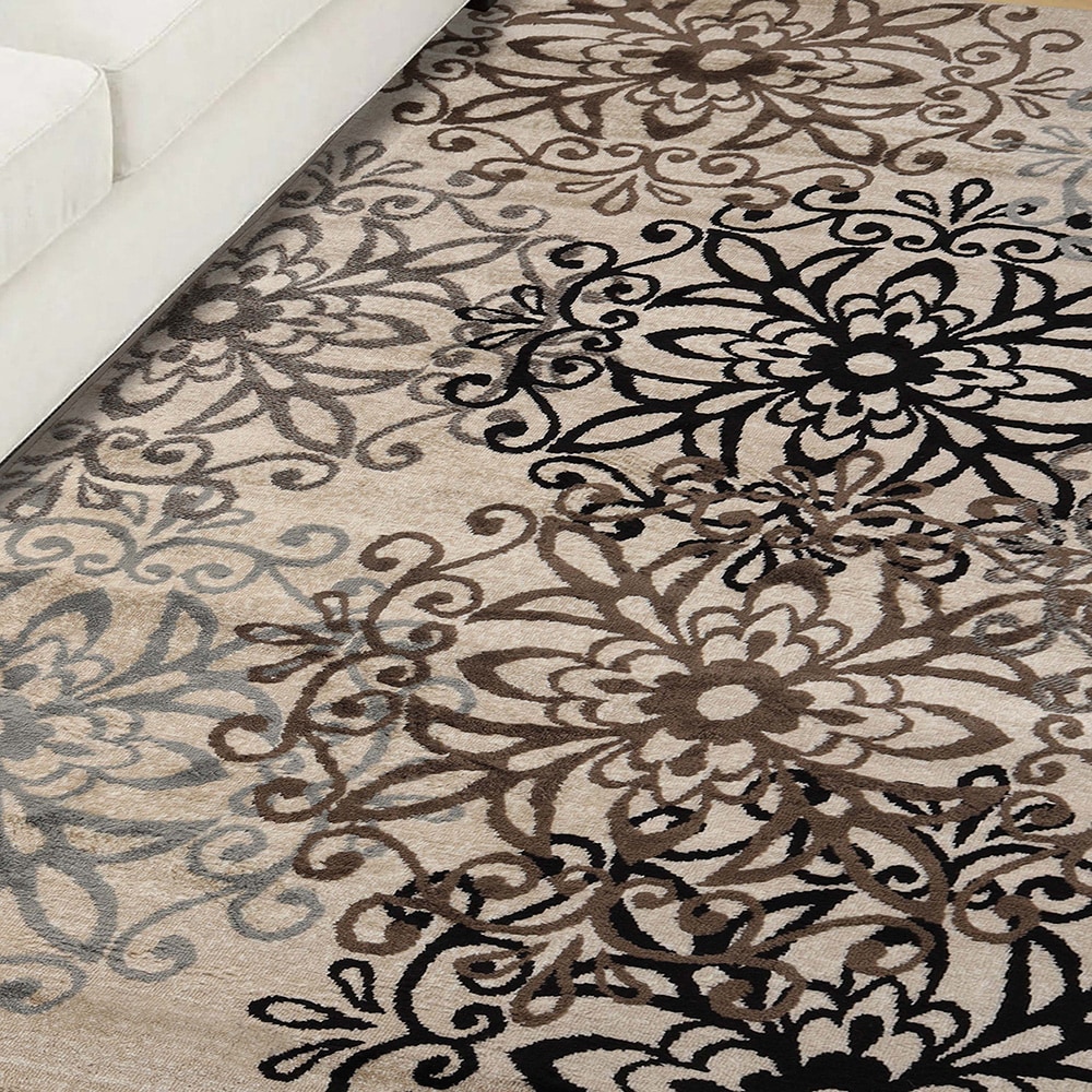 Beige Floral Medallion Polypropylene Area Rug with Jute Backing