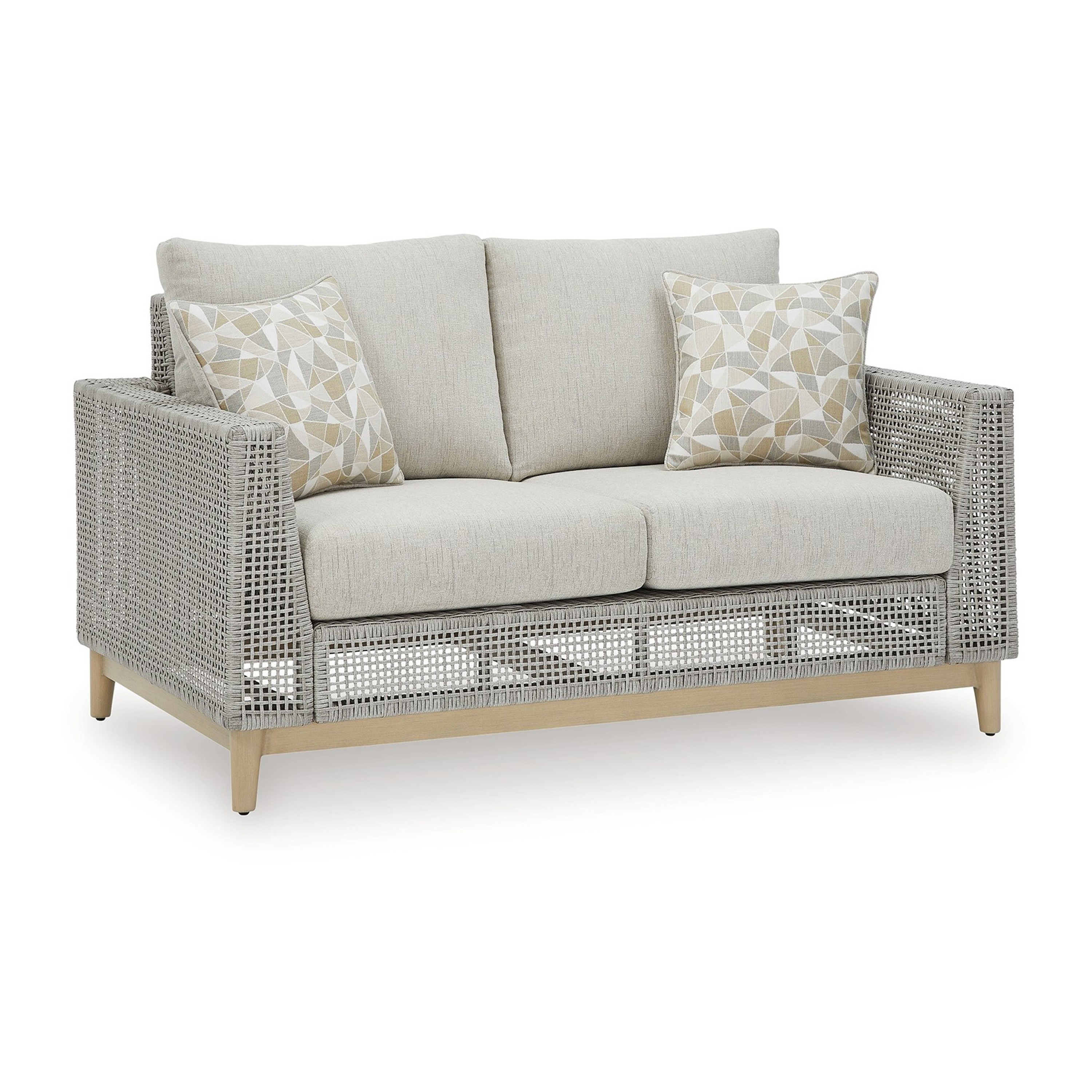 Benzara BM315932 Wicker Outdoor Loveseat with Gray Cushions and Aluminum Frame