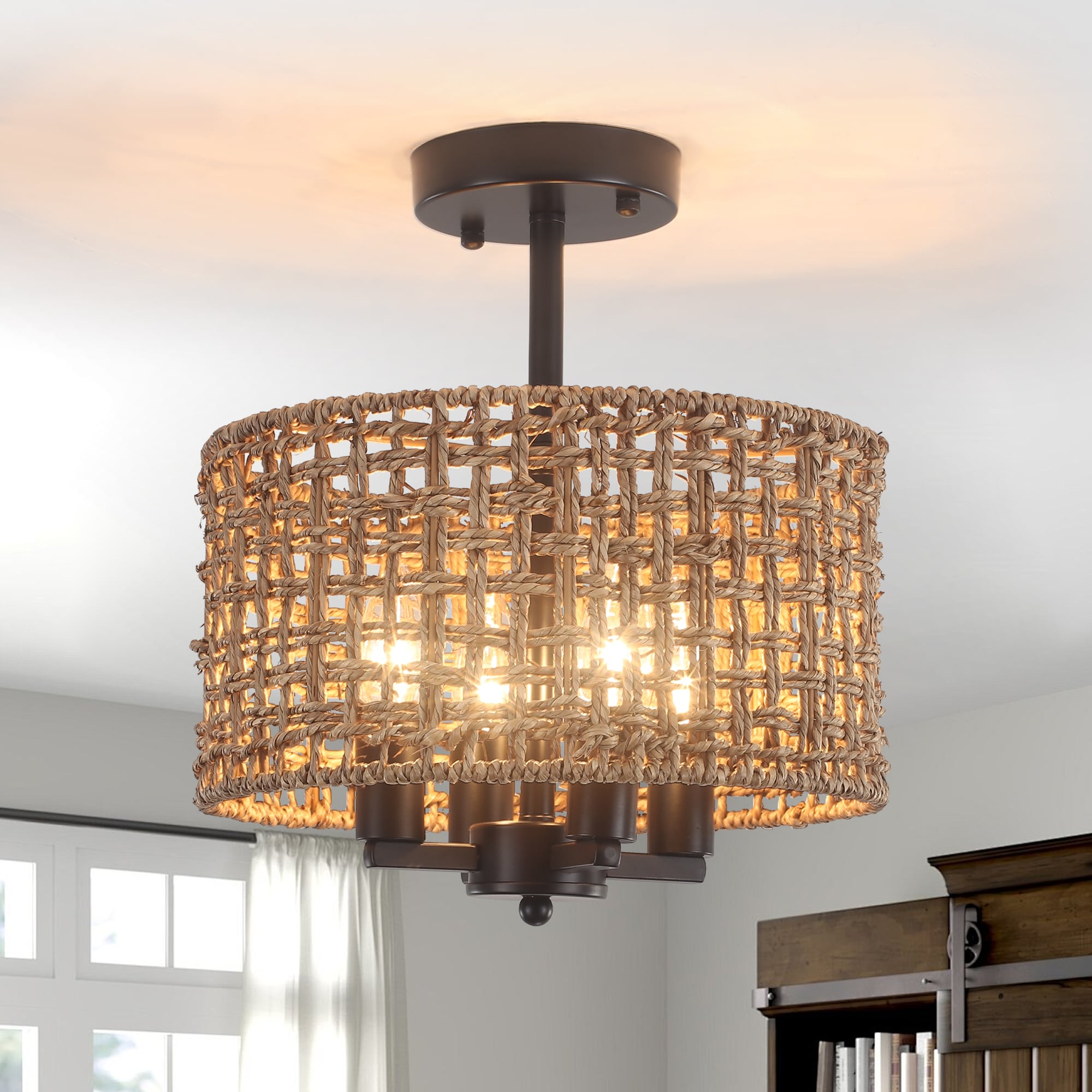 Zjvaive 11.8-inch W 4-light Bohemian-style metal semi-recessed ceiling light with decorative seagrass rope