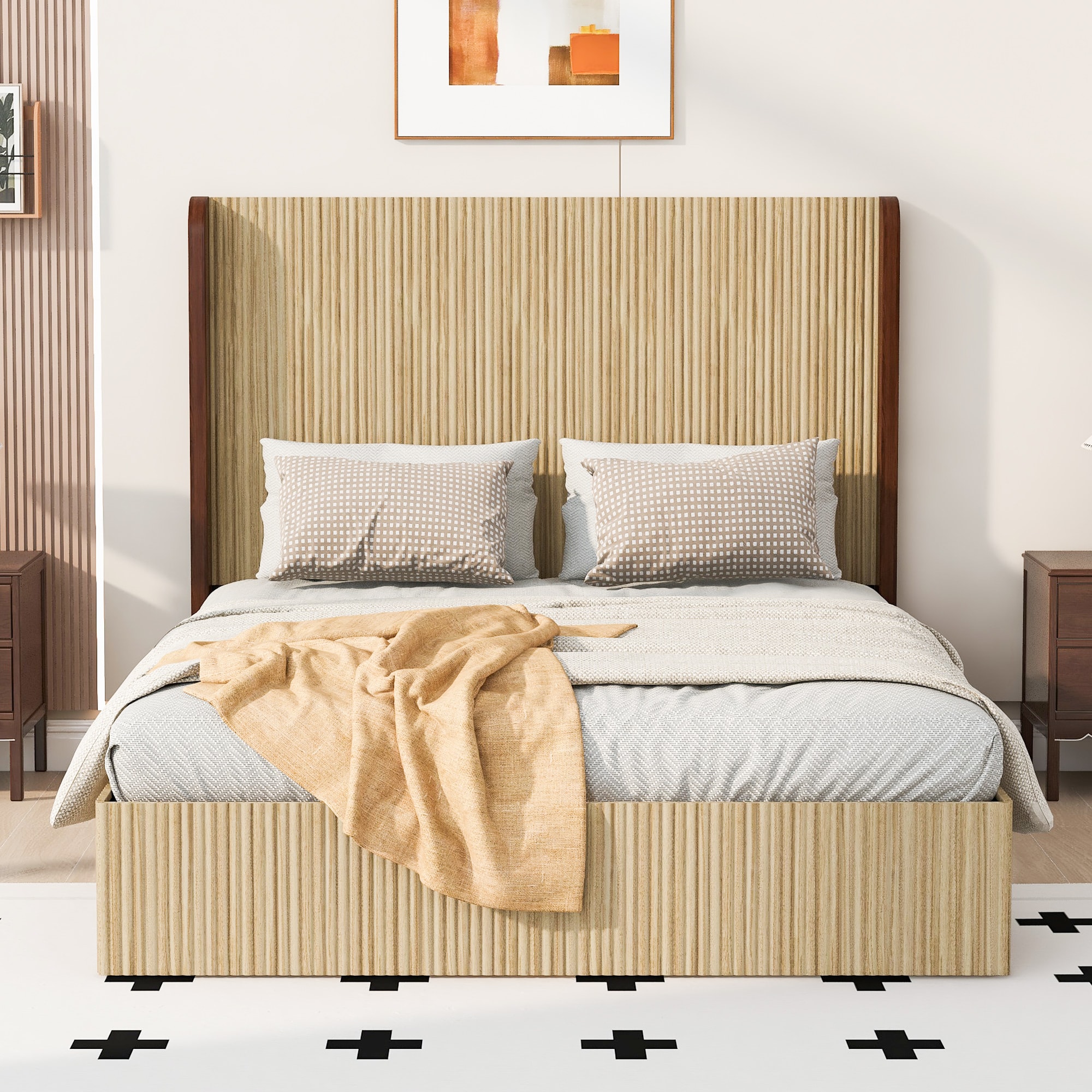 LOVMOR Queen Natural Wood Iron and Synthetic Wood Bed Frame with ...