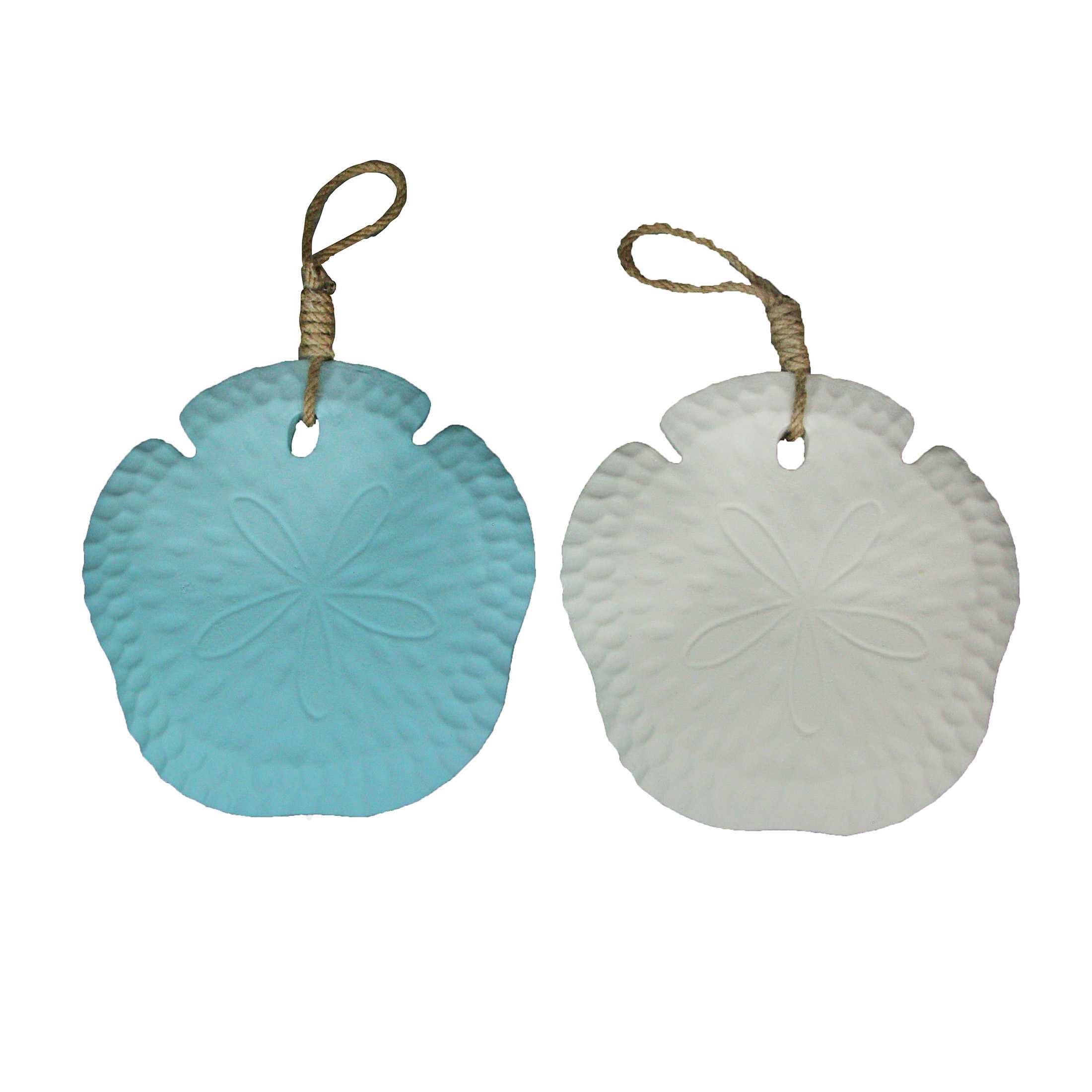 Things2Die4 FT-BEA94777-BLW Set of 2 Wooden Sand Dollar Wall Hangings - Coastal Blue and White Decorations