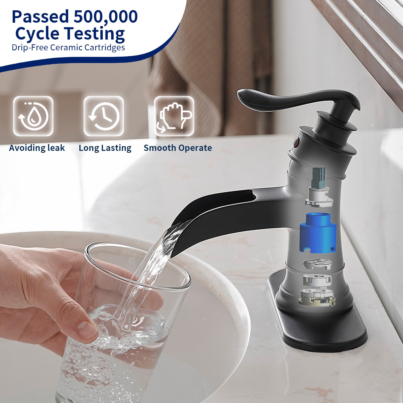 Matte Black Single-Handle Waterfall Bathroom Faucet with Deck Plate