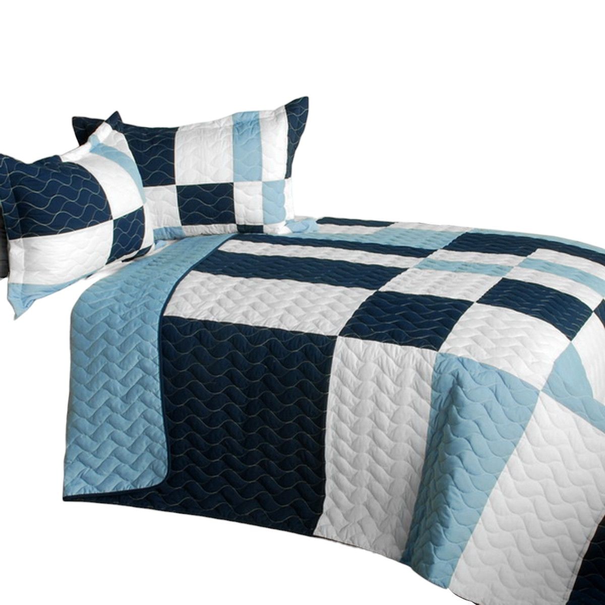 Slickblue 3 Piece Patchwork Hand Stitched Quilt Set Full/Queen Reversible Quilted Bedding Set for Bedroom or Guest Room - Blue/Black
