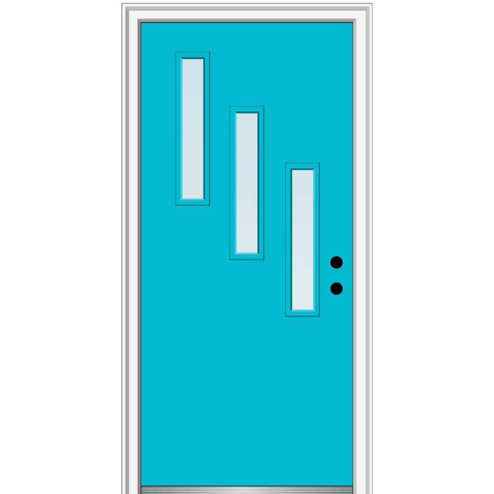 MMI DOOR ZZ346557L Spotlights 32-in x 80-in x 4-9/16-in Fiberglass Pulse lite Left-hand inswing Bahama Blue Painted Prehung Front Door with Brickmould Insulating core