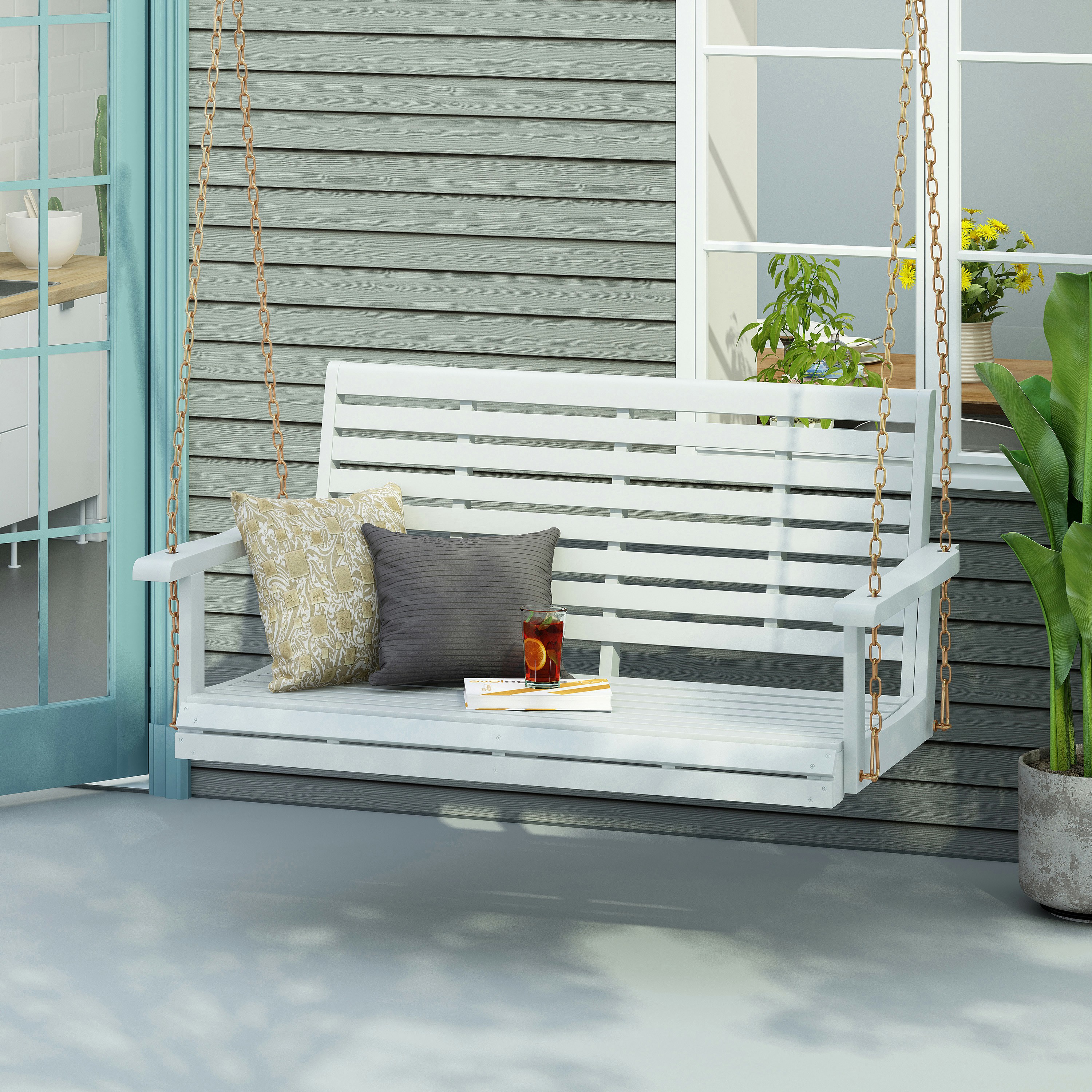 Runesay QCPATIO-19 Porch Swing 2 -person White Wood Outdoor Swing