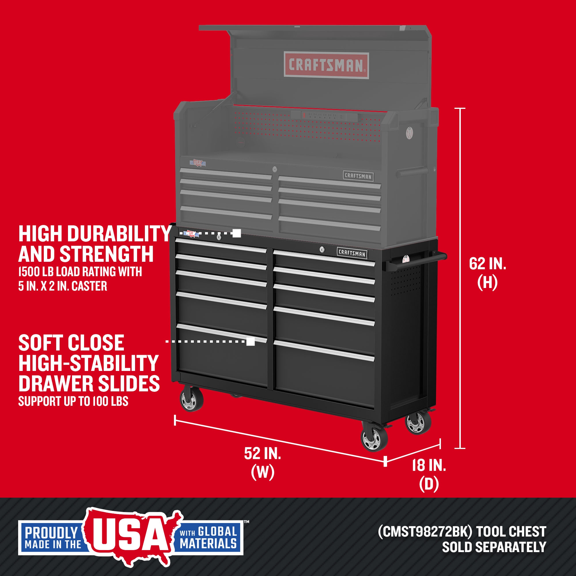 CRAFTSMAN 2000 Series 52-in W x 37.5-in H 10-Drawer Steel Rolling Tool Cabinet (Black) & 121-Piece Standard (SAE) and Metric Combination Gunmetal Chrome Mechanics Tool Set (1/4-in; 3/8-in)