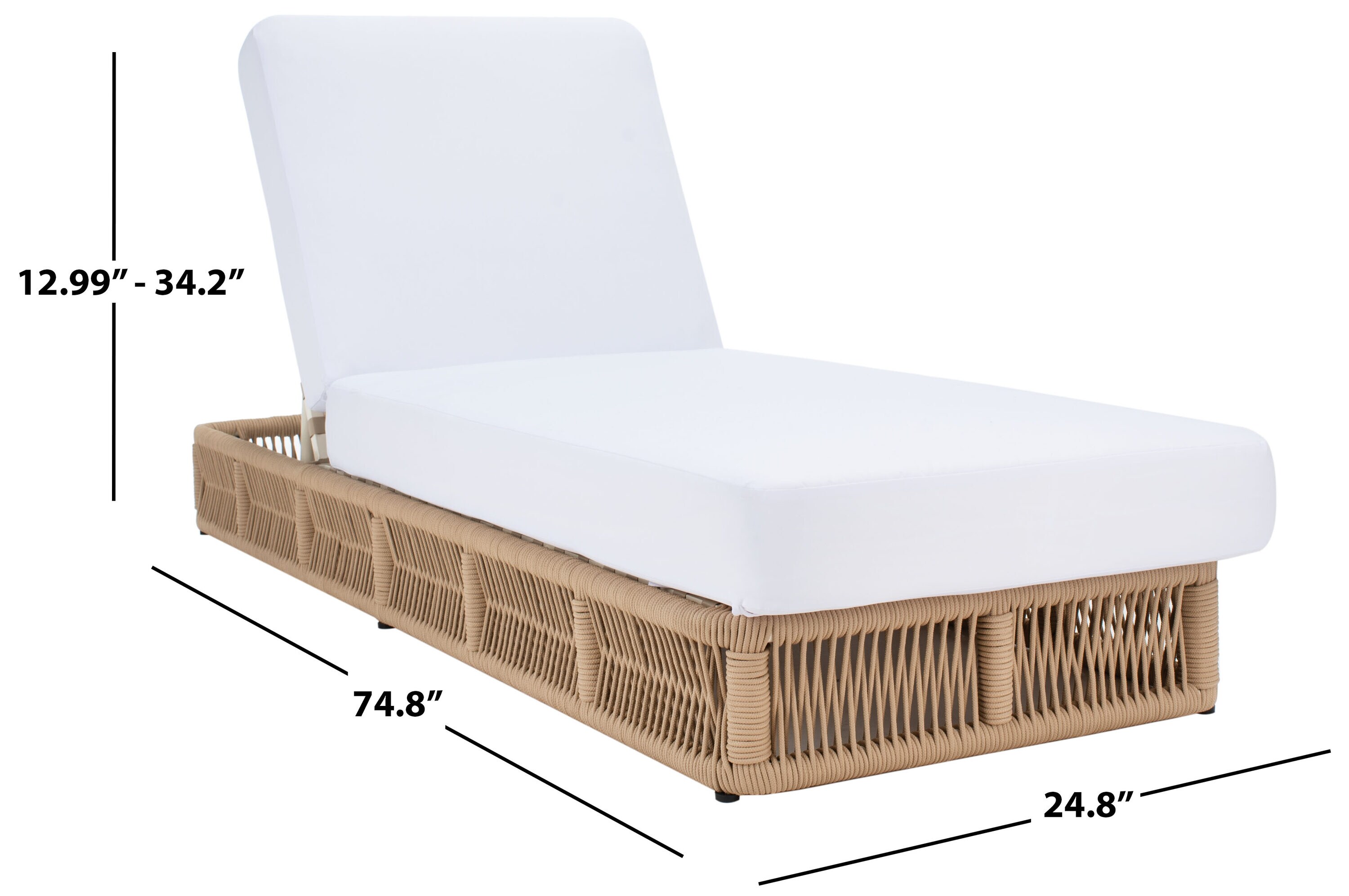 Tan Rope Wicker Armless Chaise with White Cushions