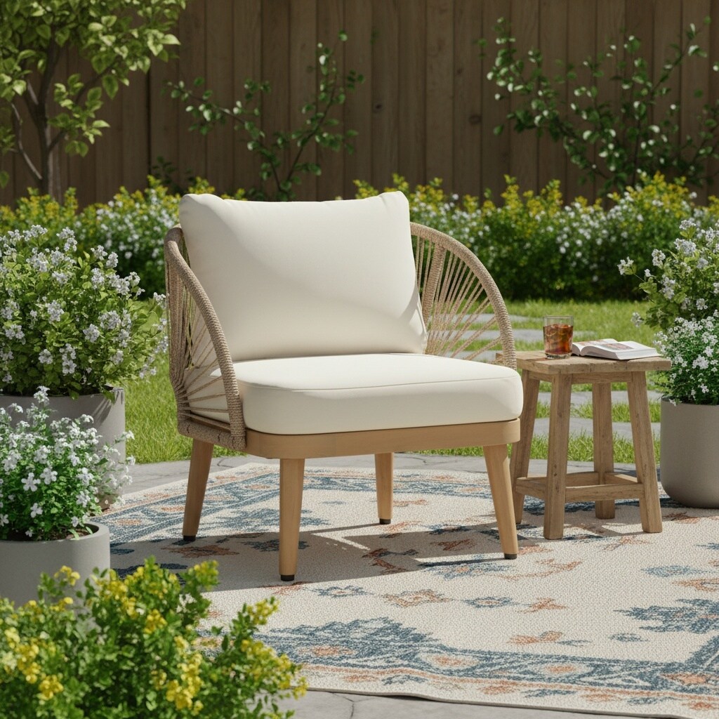 UOI Acacia Wood Outdoor Club Chair with Curved Tub Design and Handwoven ...
