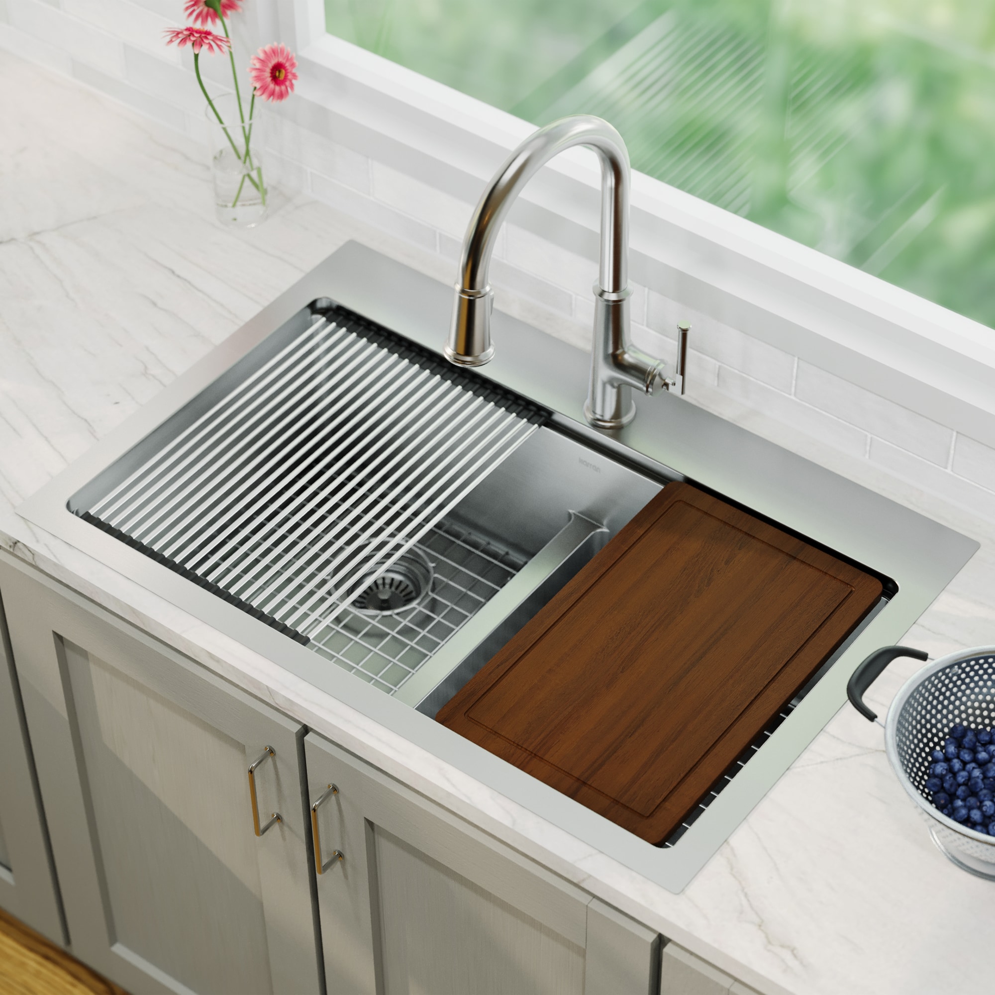 Karran Drop-in 33-in x 22-in Stainless steel Double equal bowl 16 -Gauge Workstation Kitchen Sink